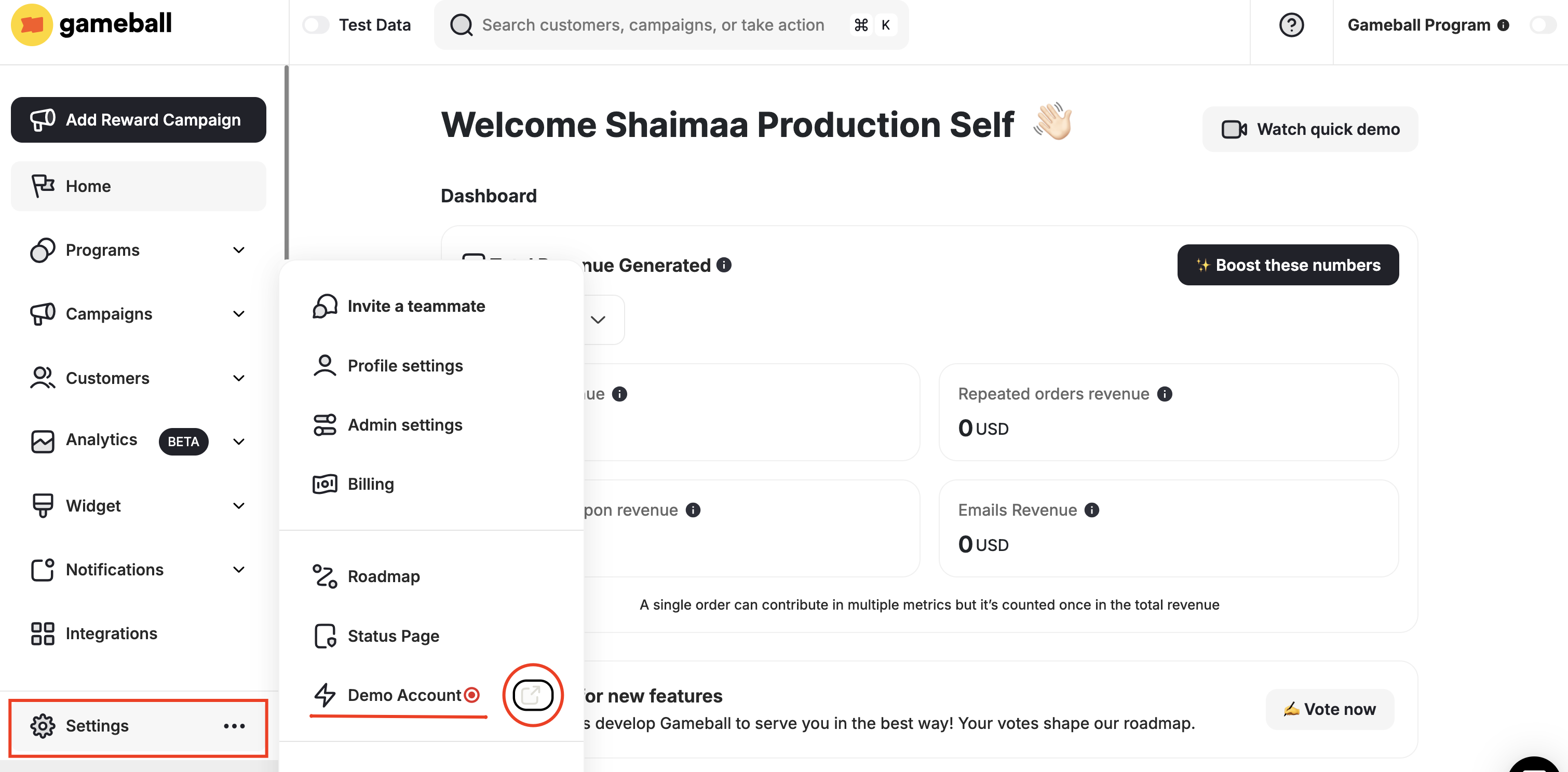 How Do I View Dashboard in Demo Mode? - Gameball Docs