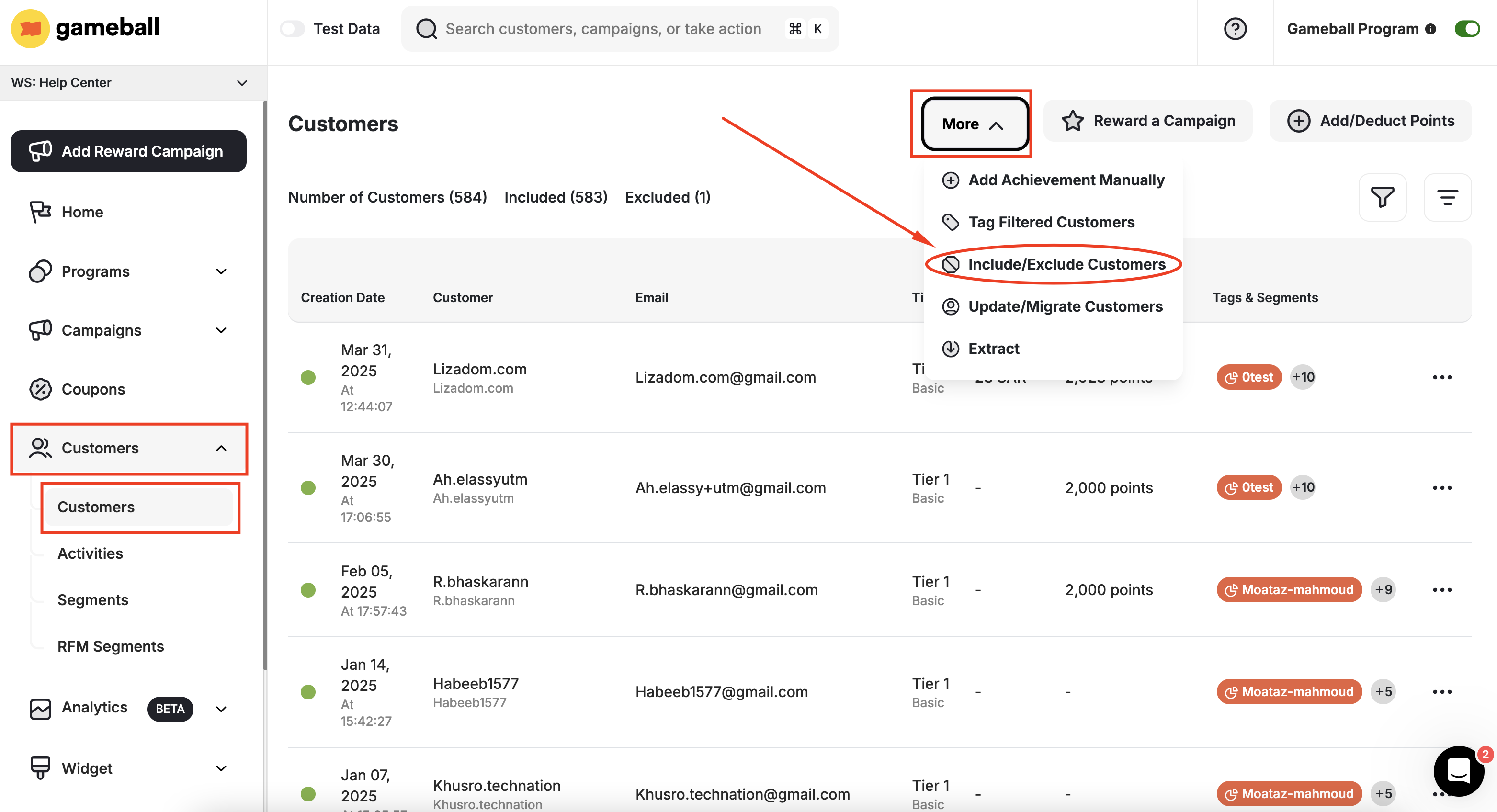 Include/Exclude Customers Menu