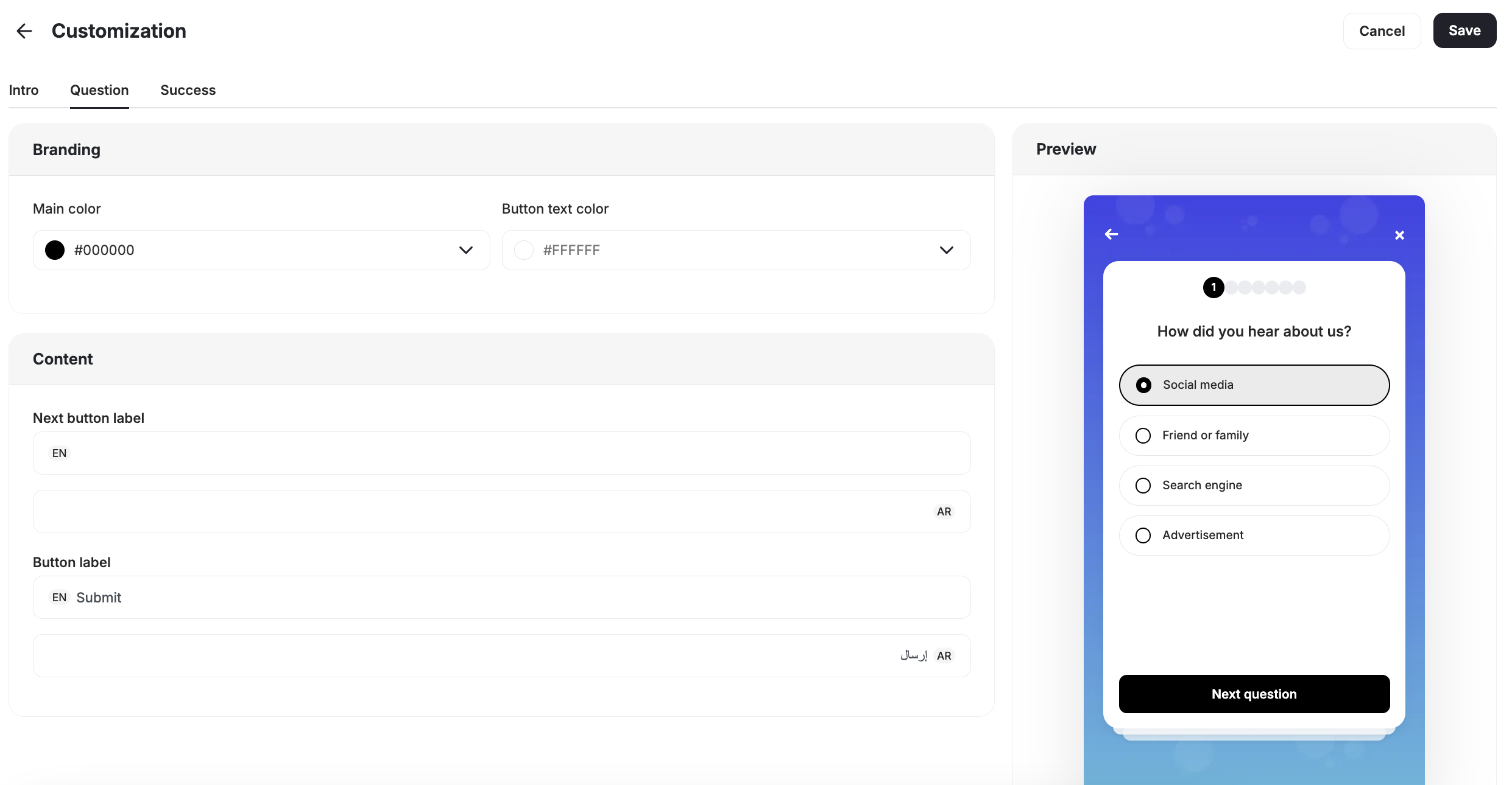 Survey question customization with branding and live preview