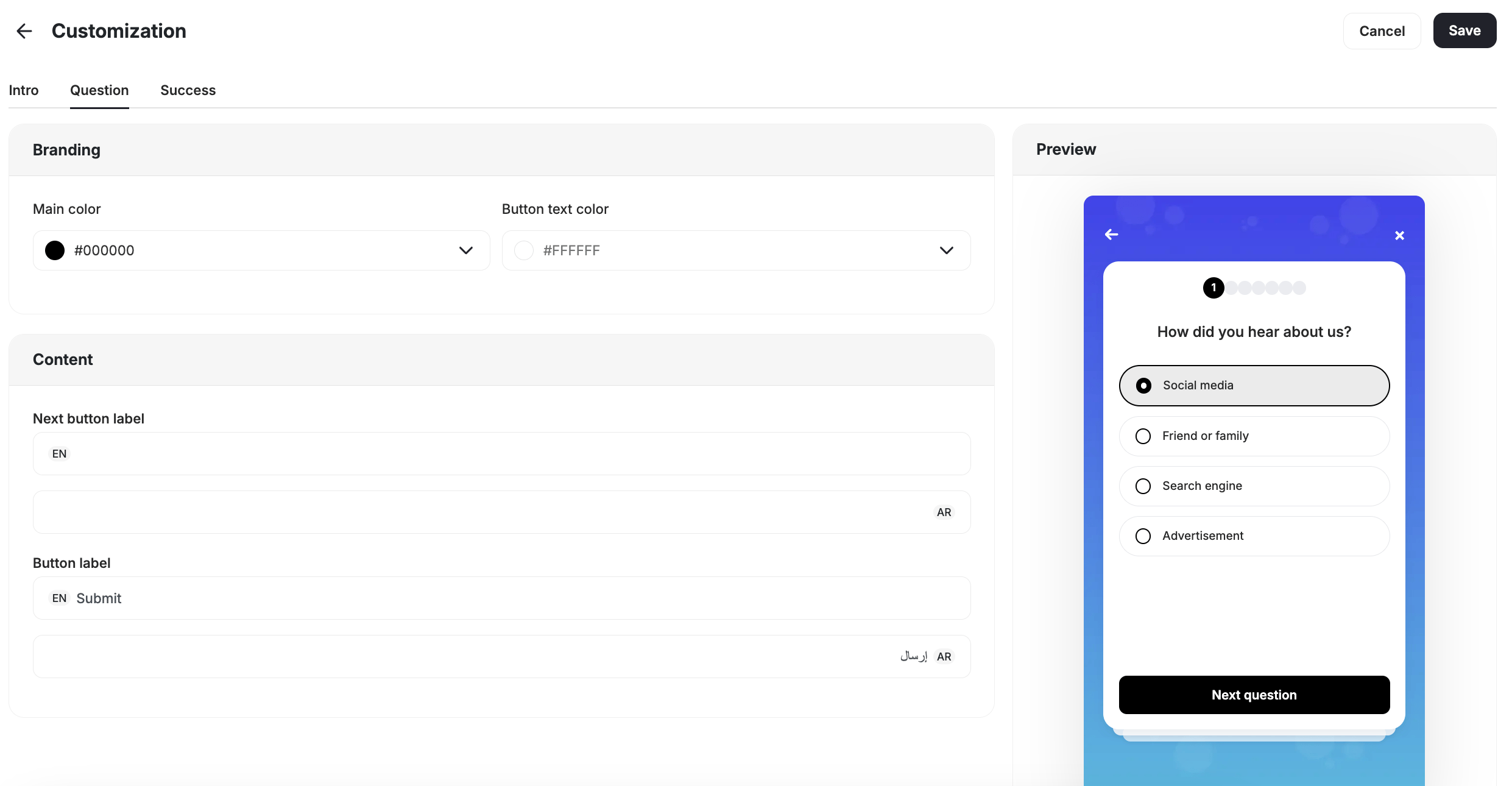 Survey question customization with branding and live preview