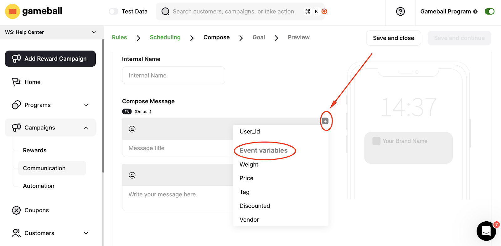 Event variables in message composer