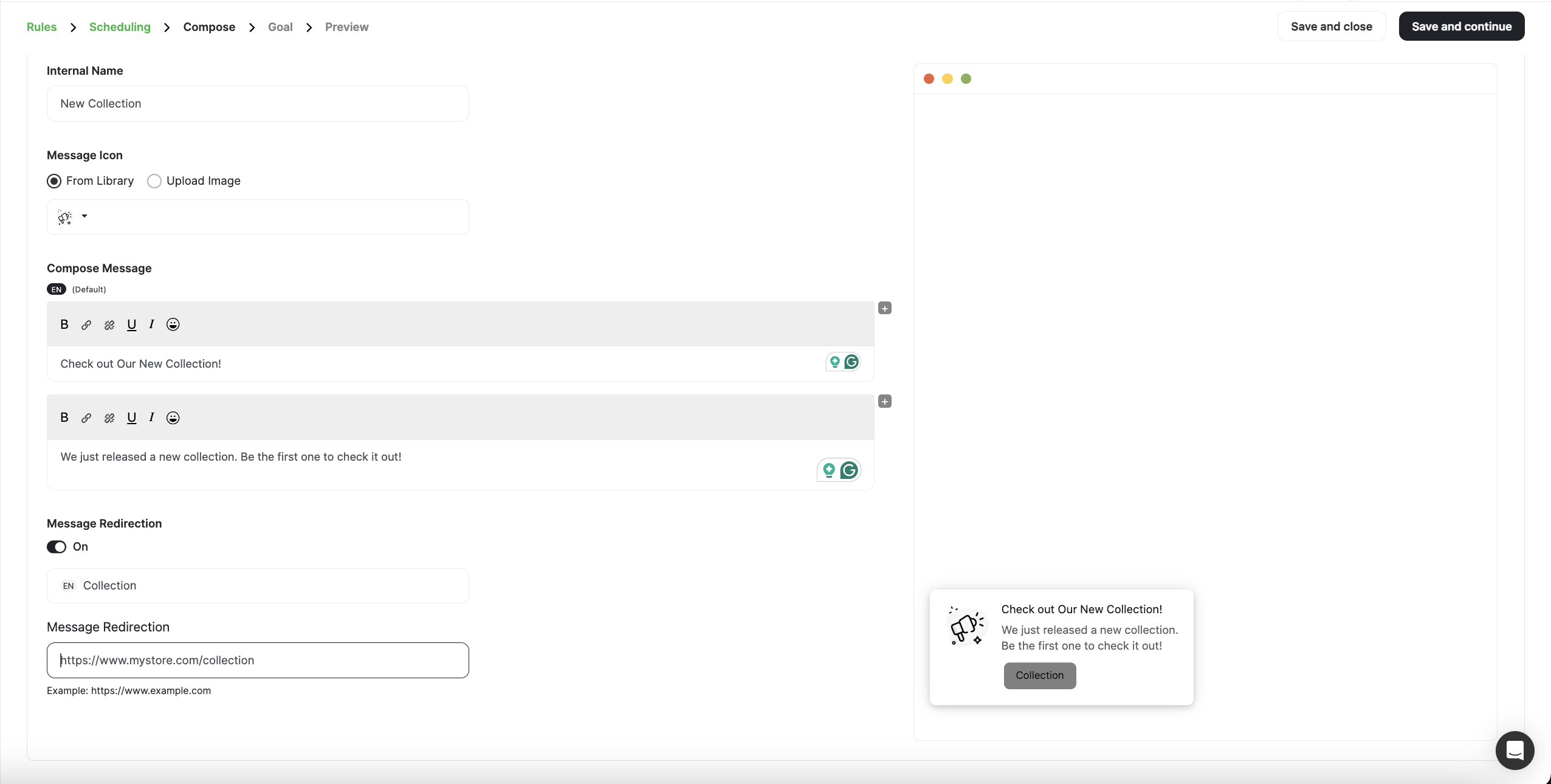 Web message compose screen