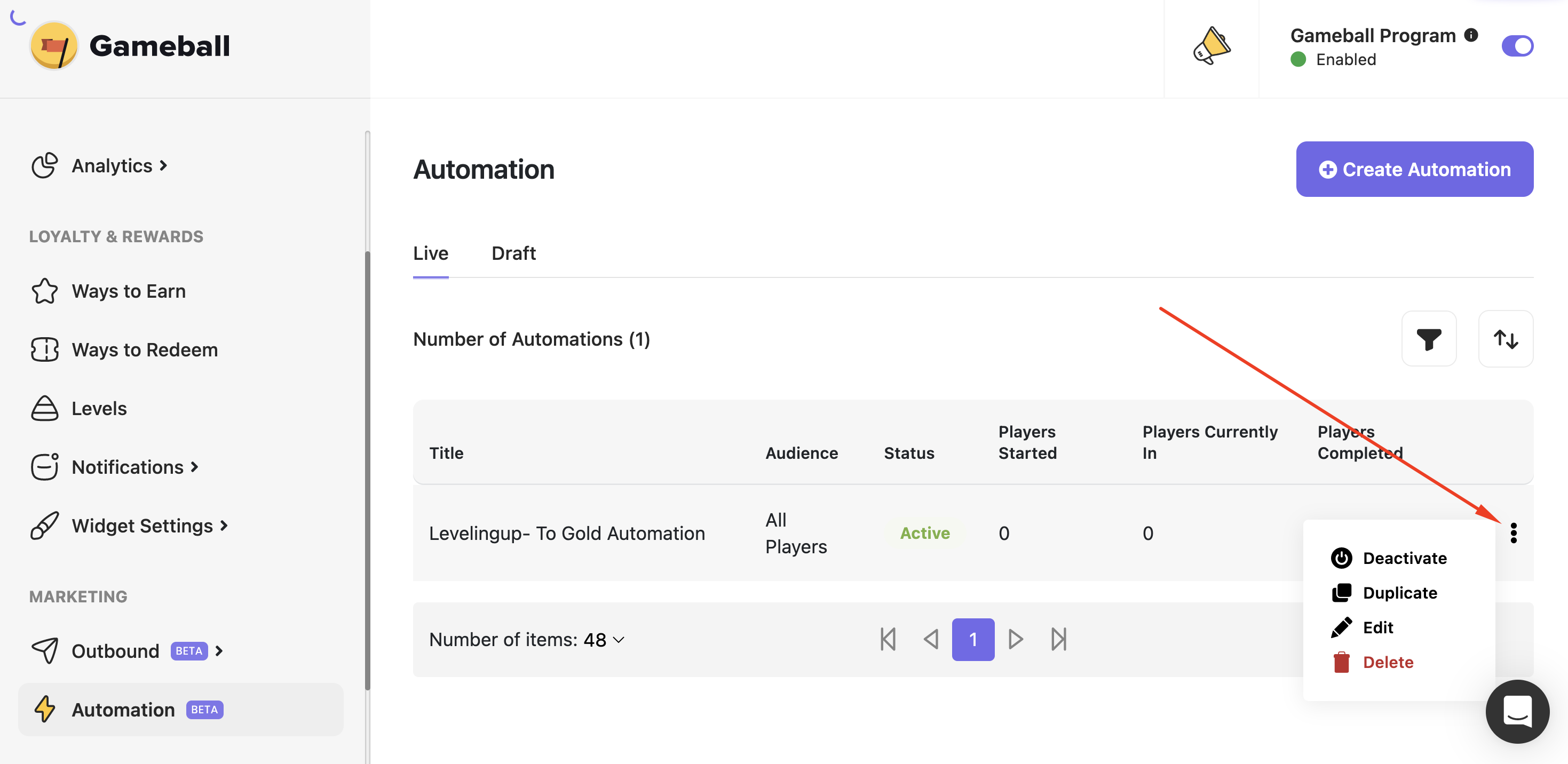 Automation management menu with deactivate, duplicate, edit, and delete options