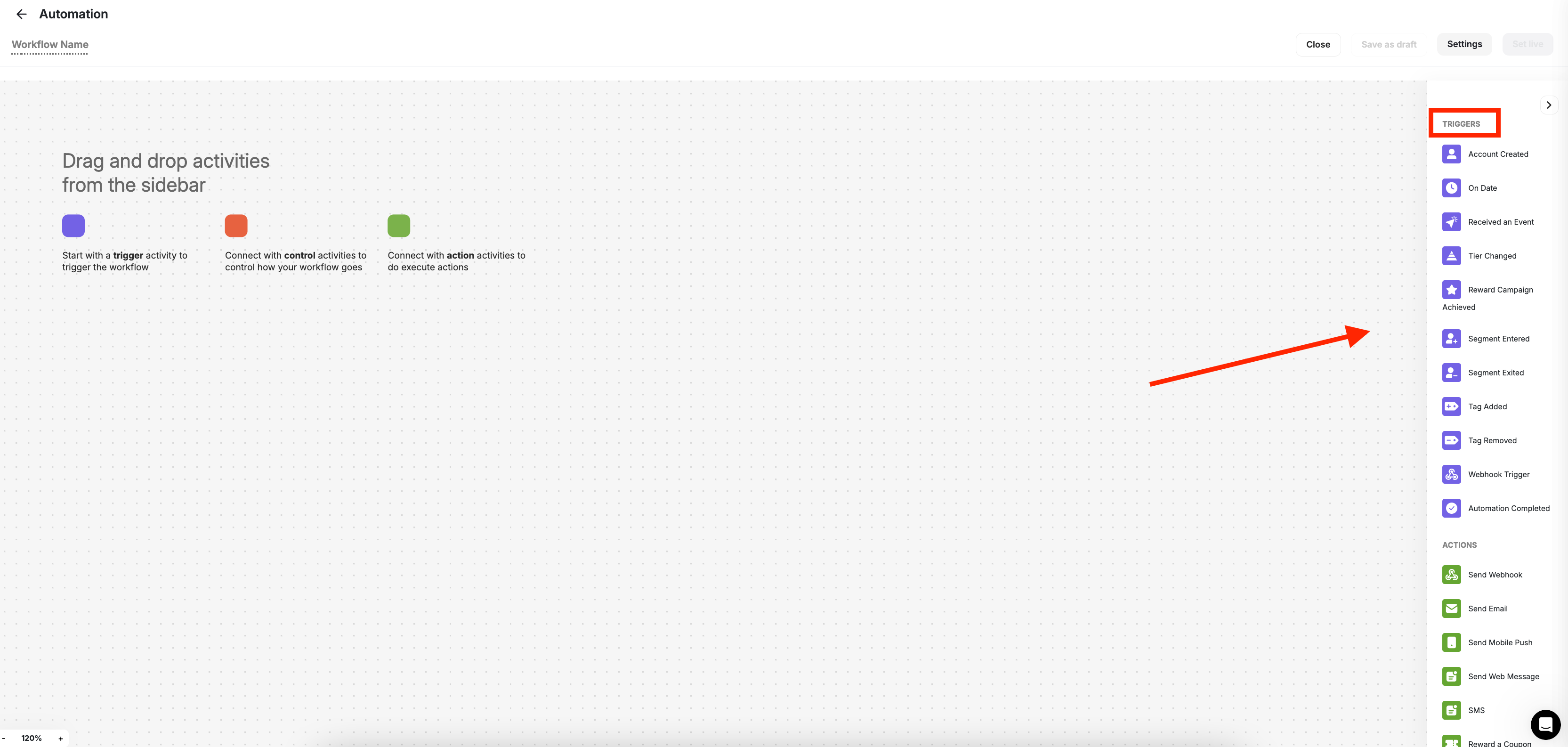 Automation triggers panel