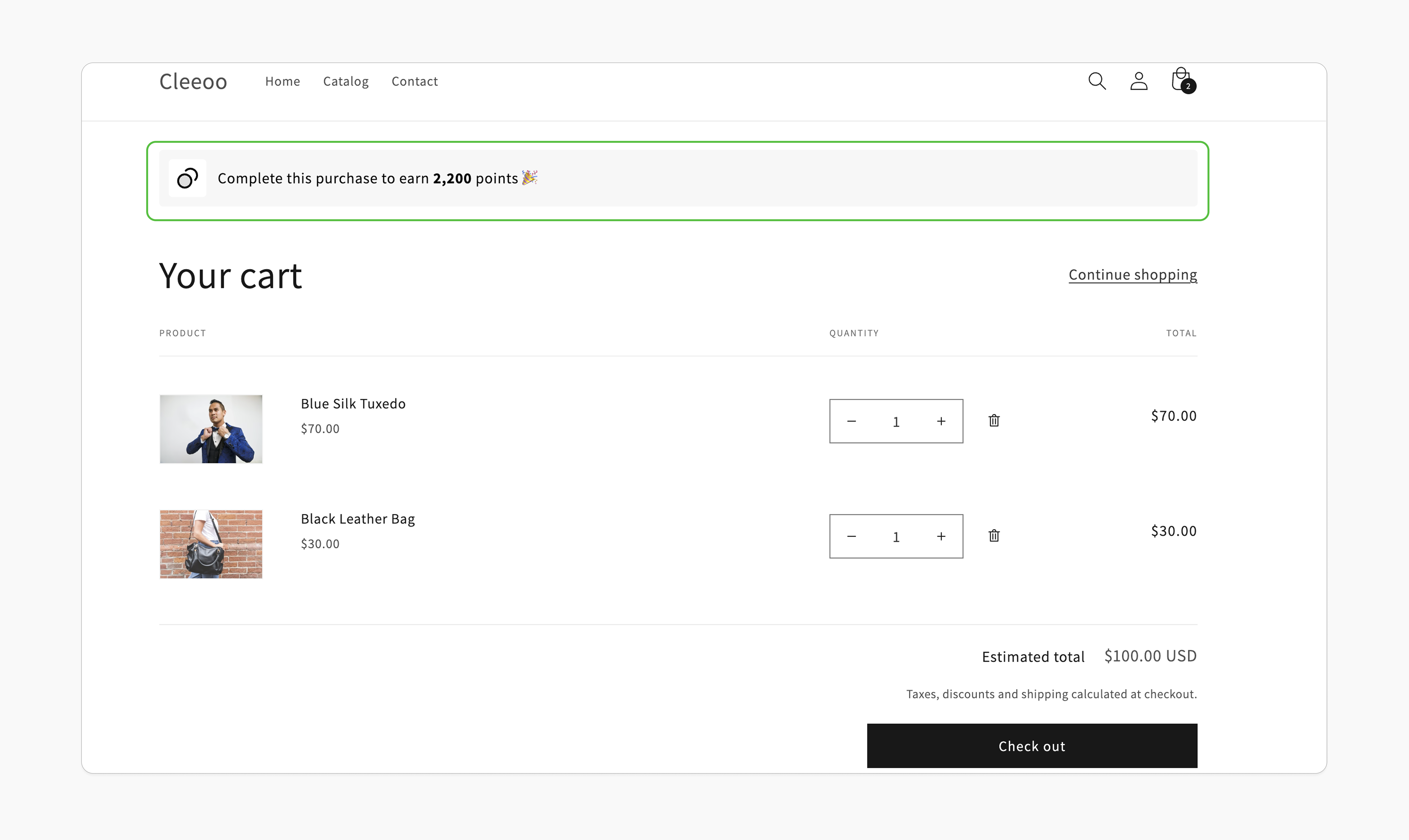 Logged-in customer cart points view