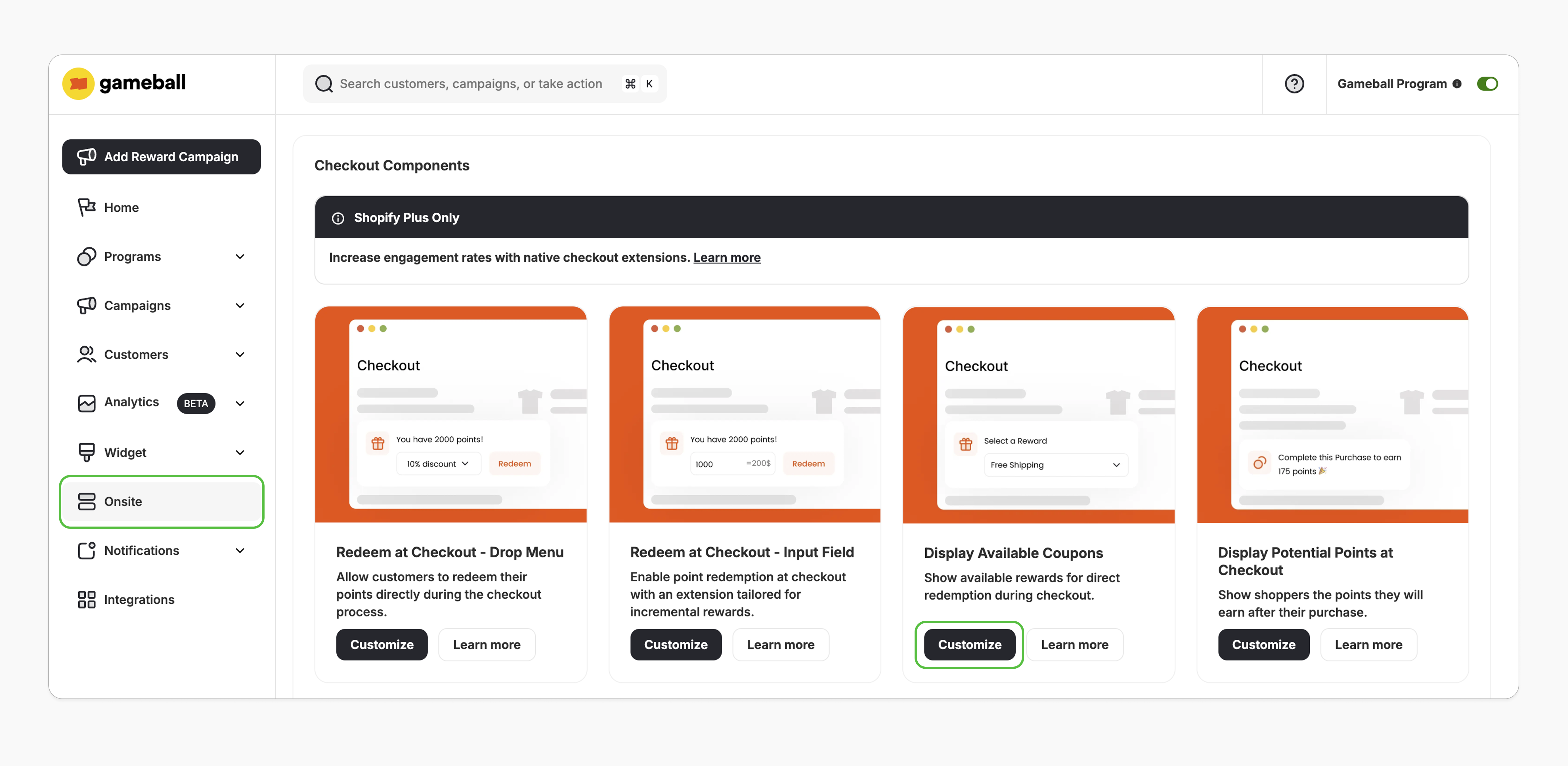 Navigate to Onsite customize