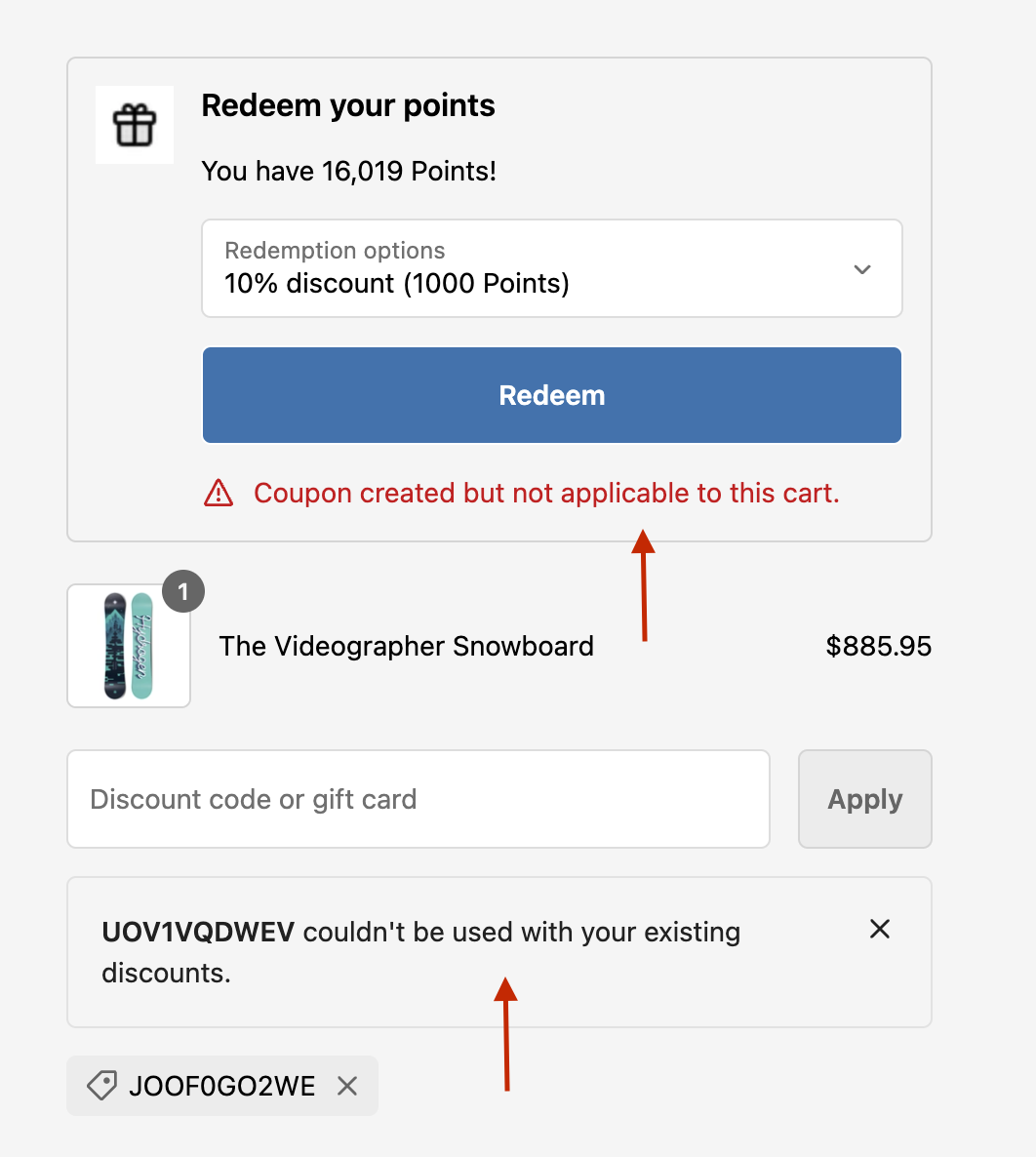 Redeem dropdown error message