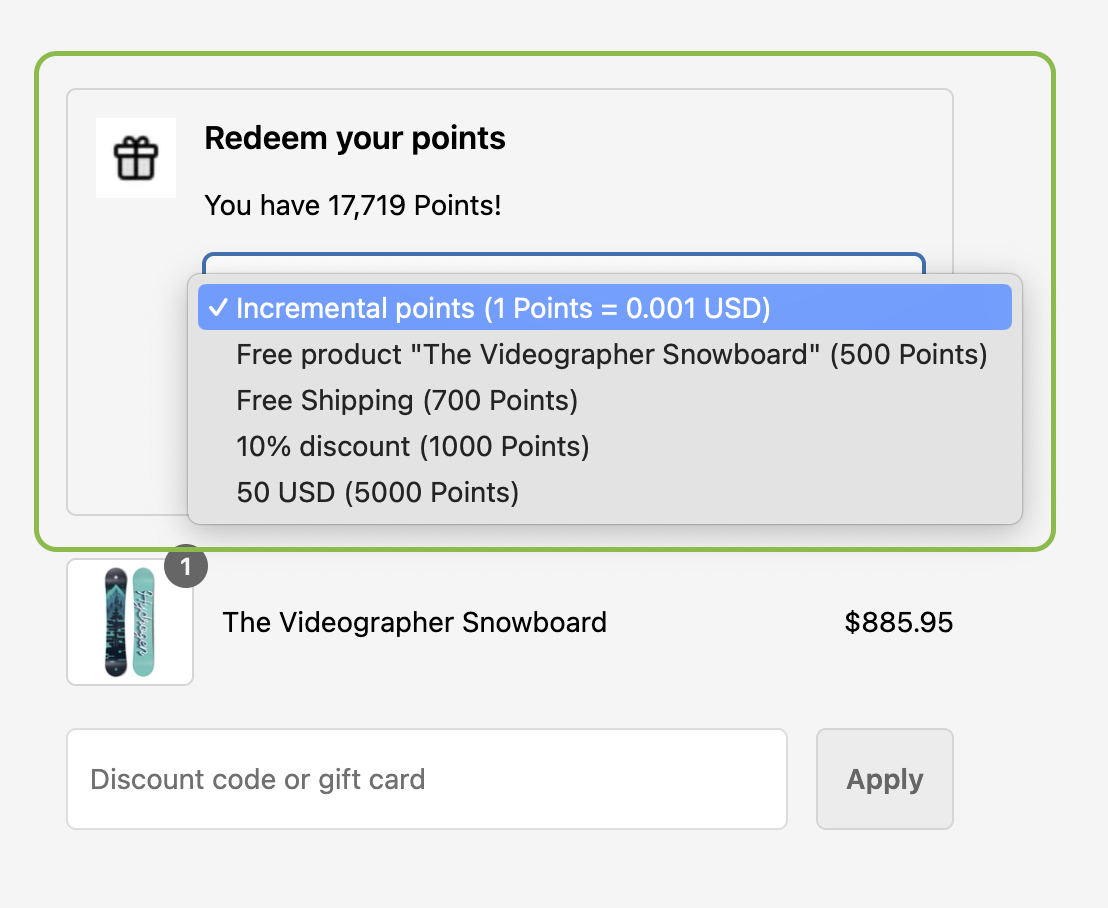 Logged-in customer redeem dropdown view