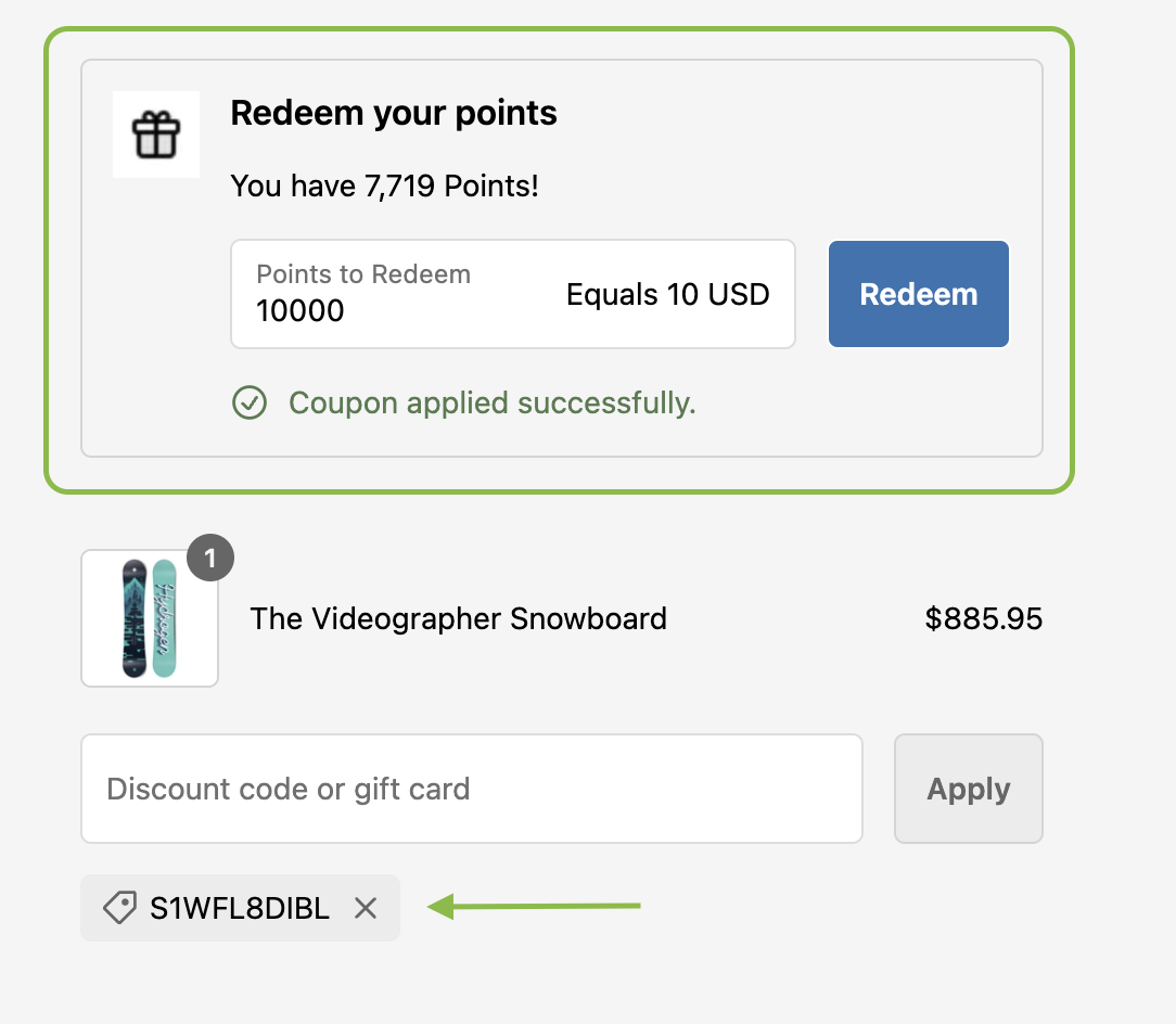 Points redeemed and discount applied