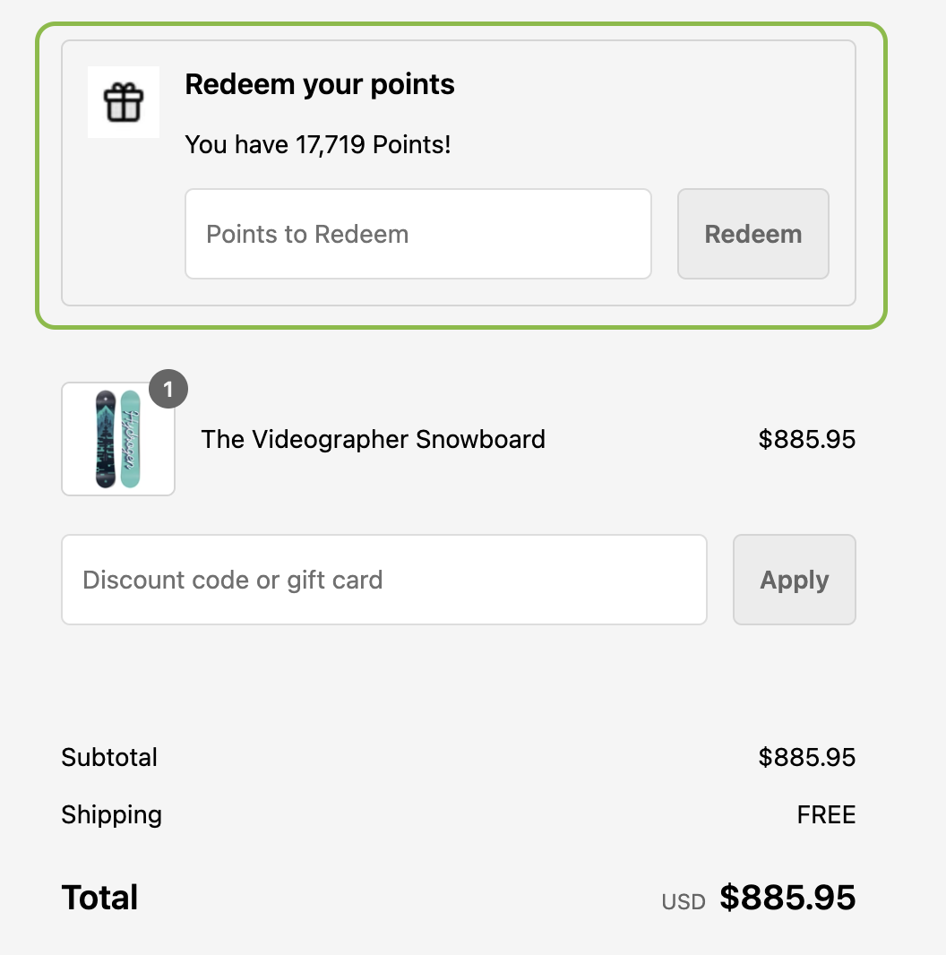Logged-in customer redeem input view