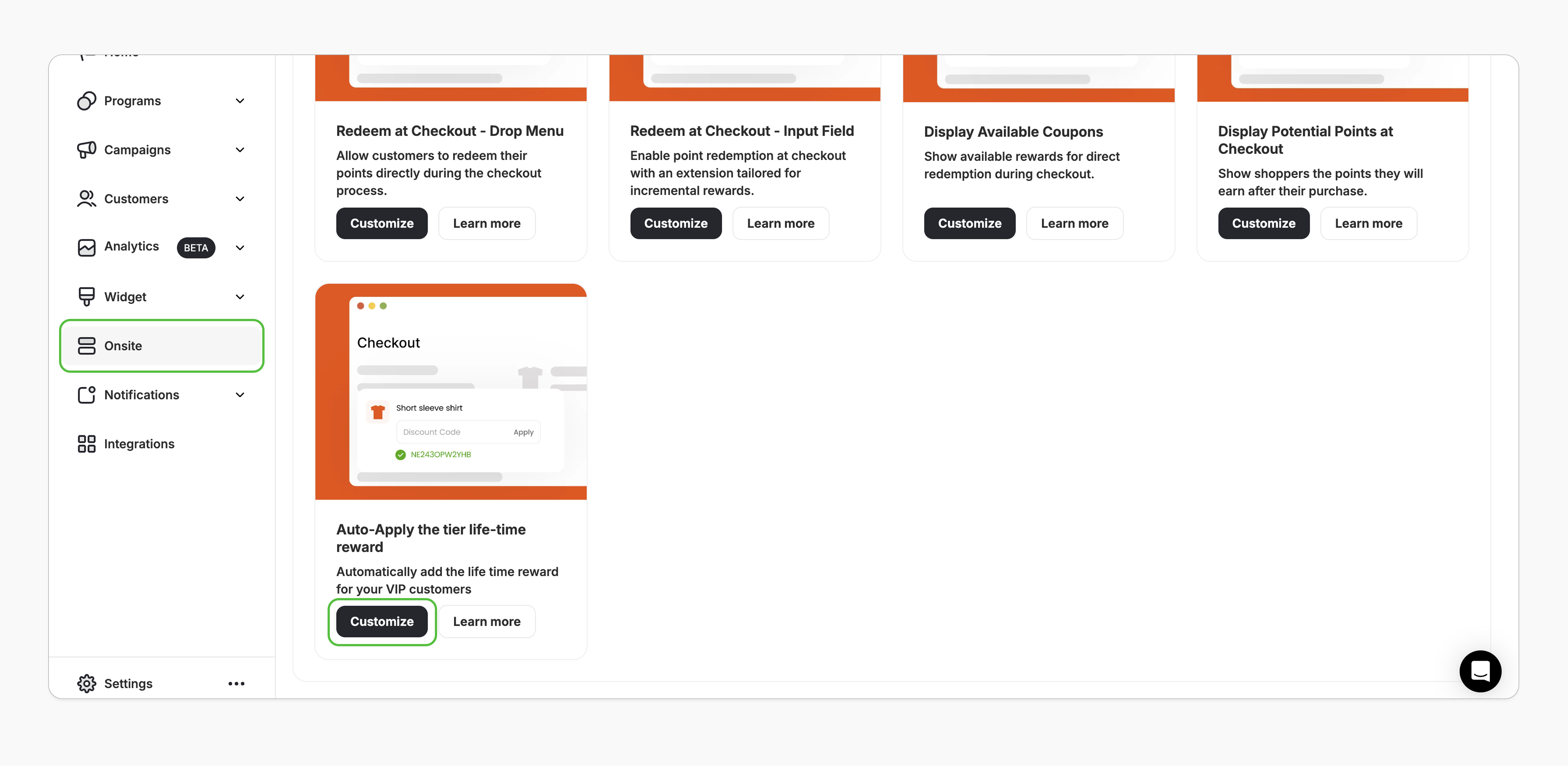 Navigate to Onsite customize