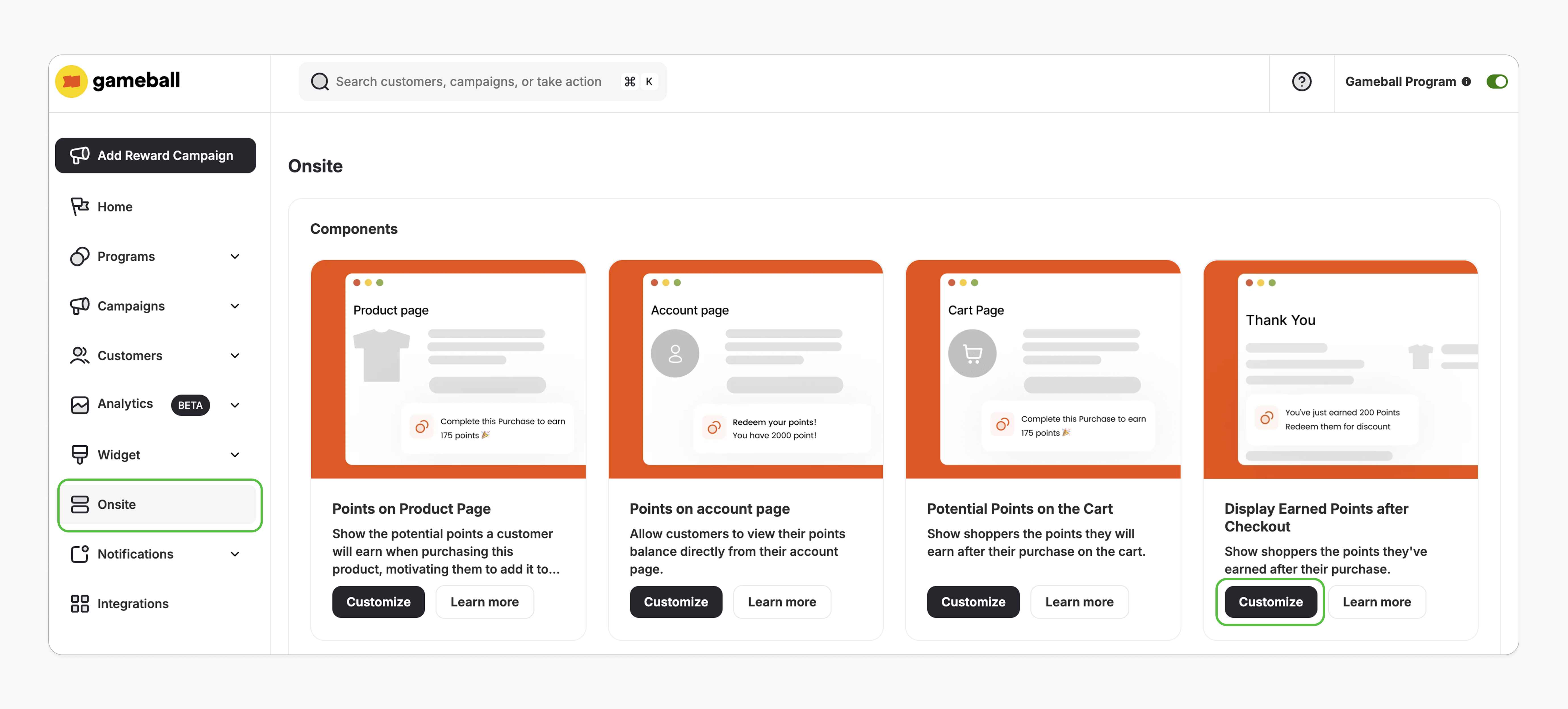 Navigate to Onsite customize