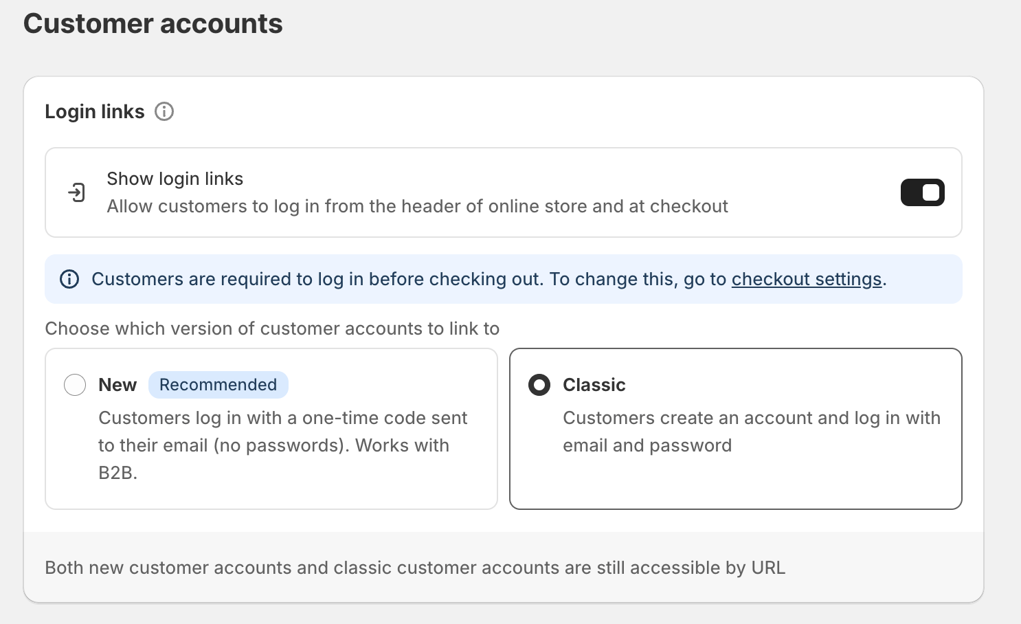 Classic customer accounts setting
