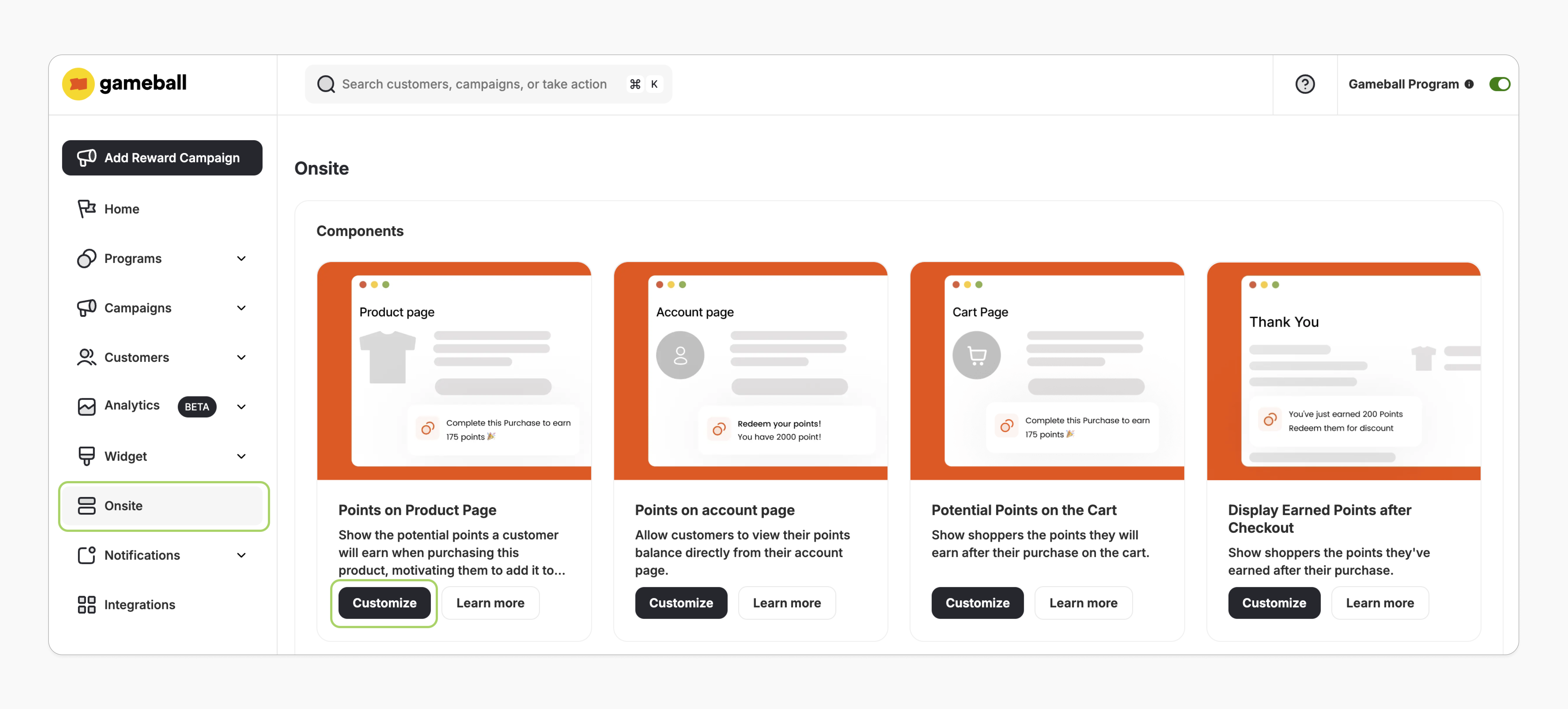 Navigate to Onsite customize