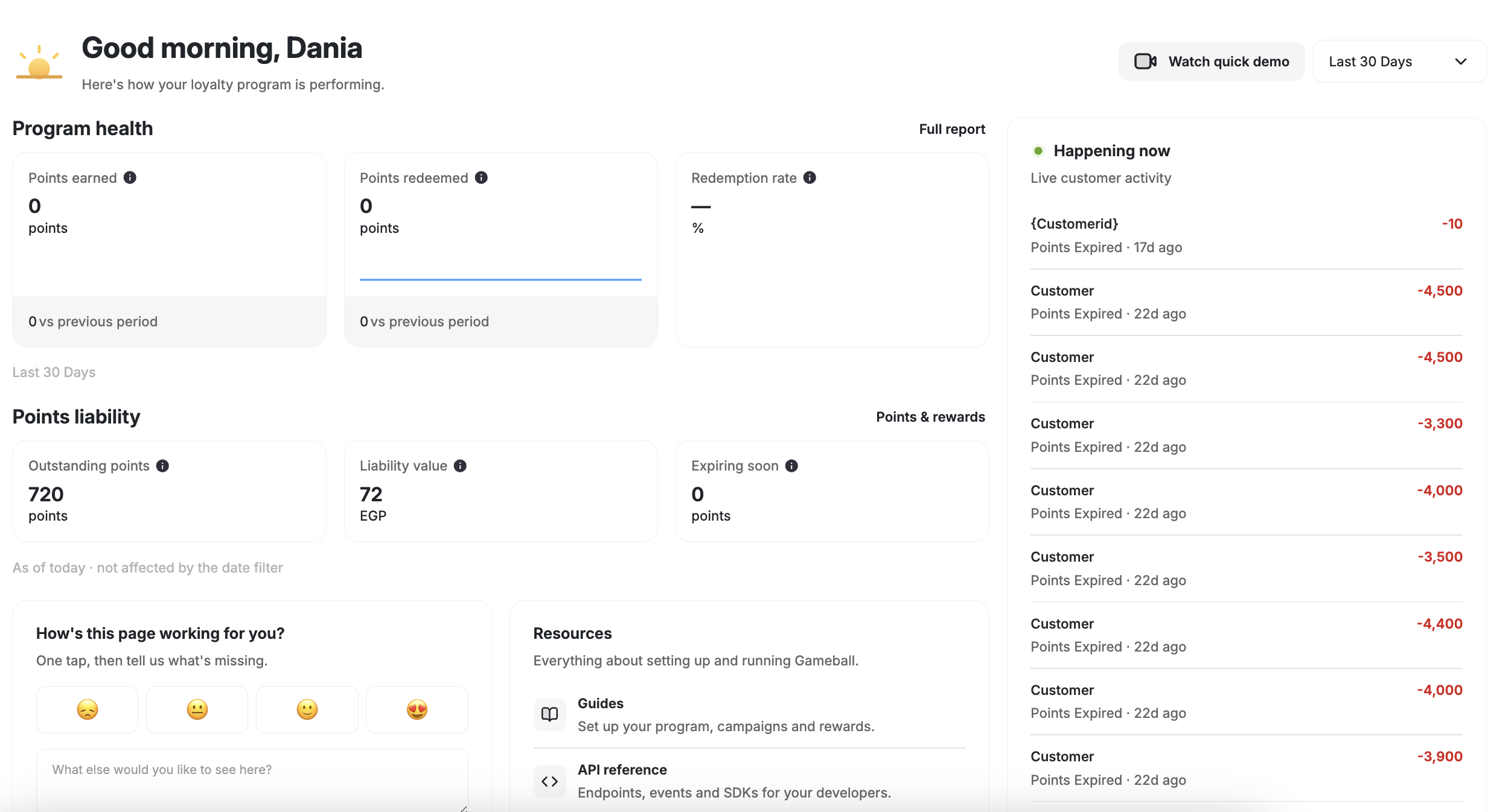 Gameball home page showing program health, points liability and live customer activity