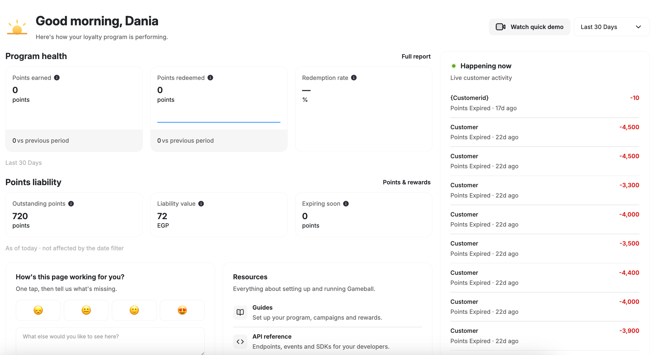 Gameball home page showing program health, points liability and live customer activity