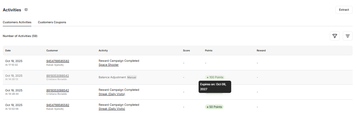 Points expiry date in customer logs
