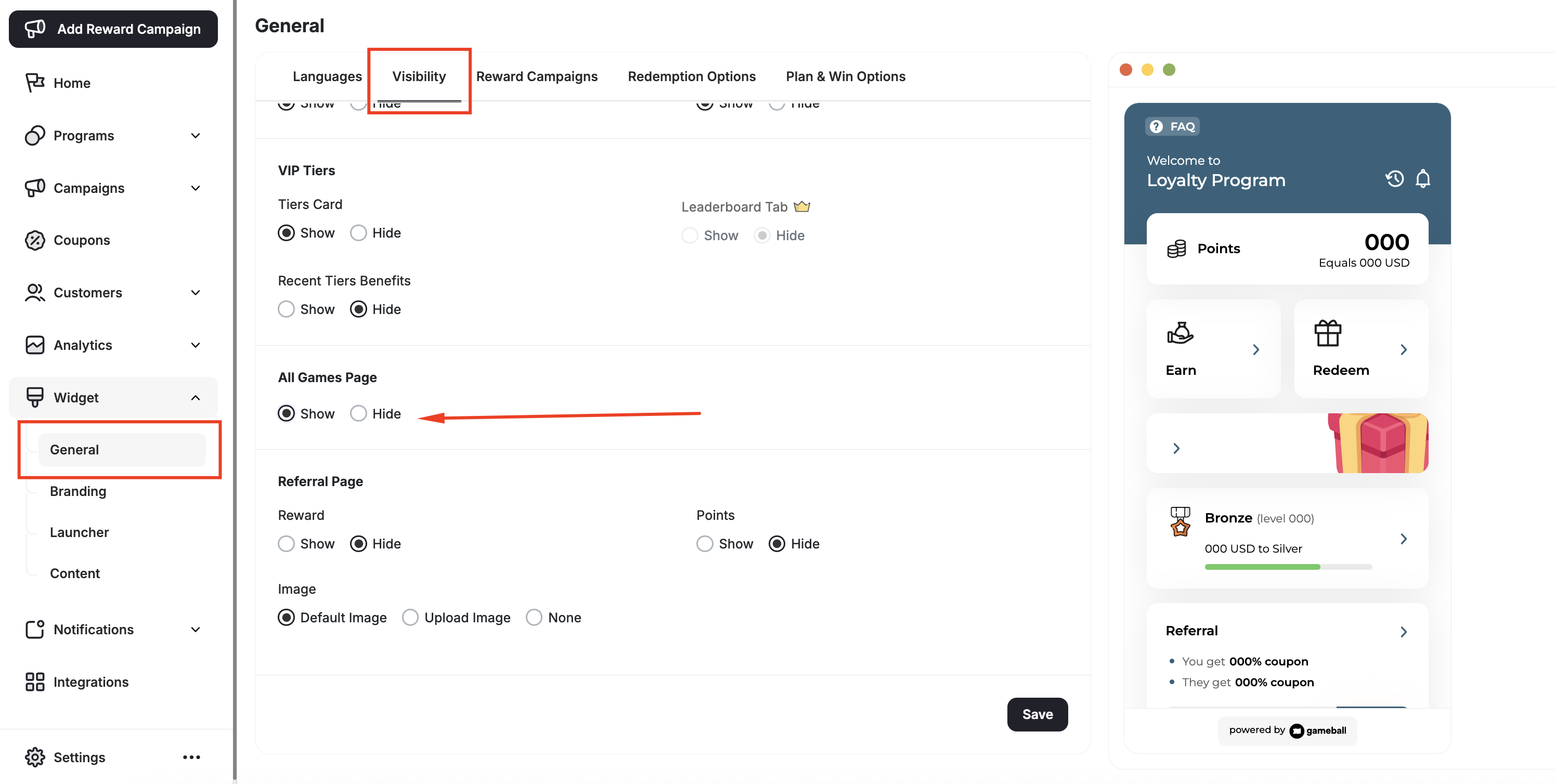 Widget section visibility control