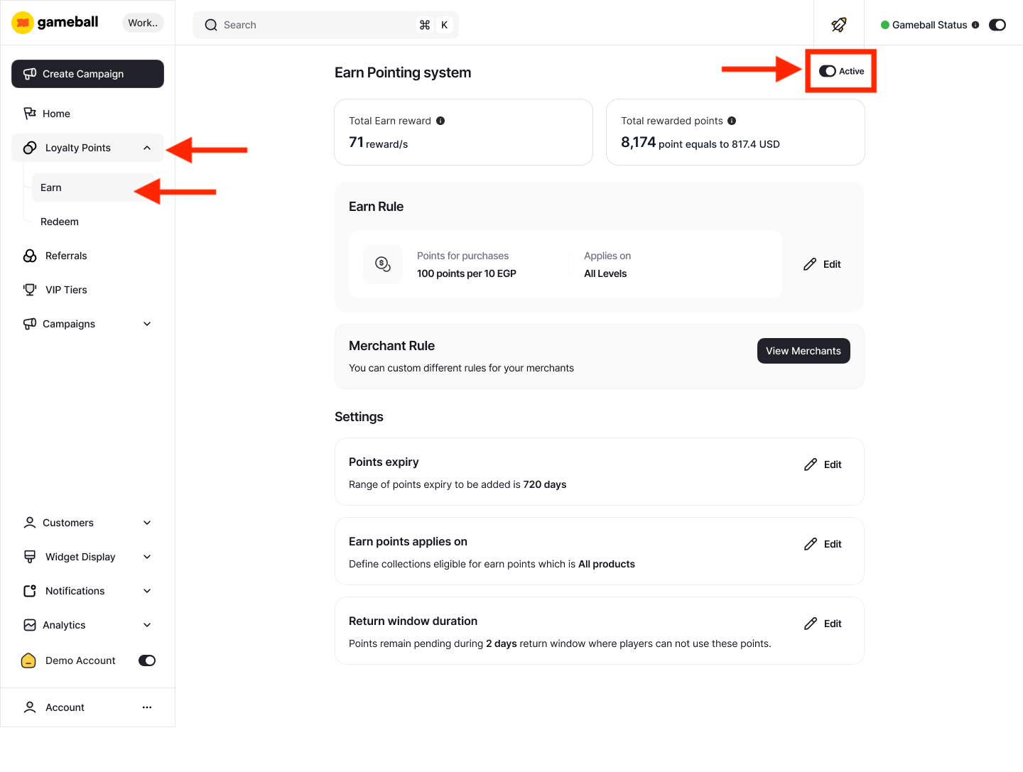 Activate Earn Pointing System