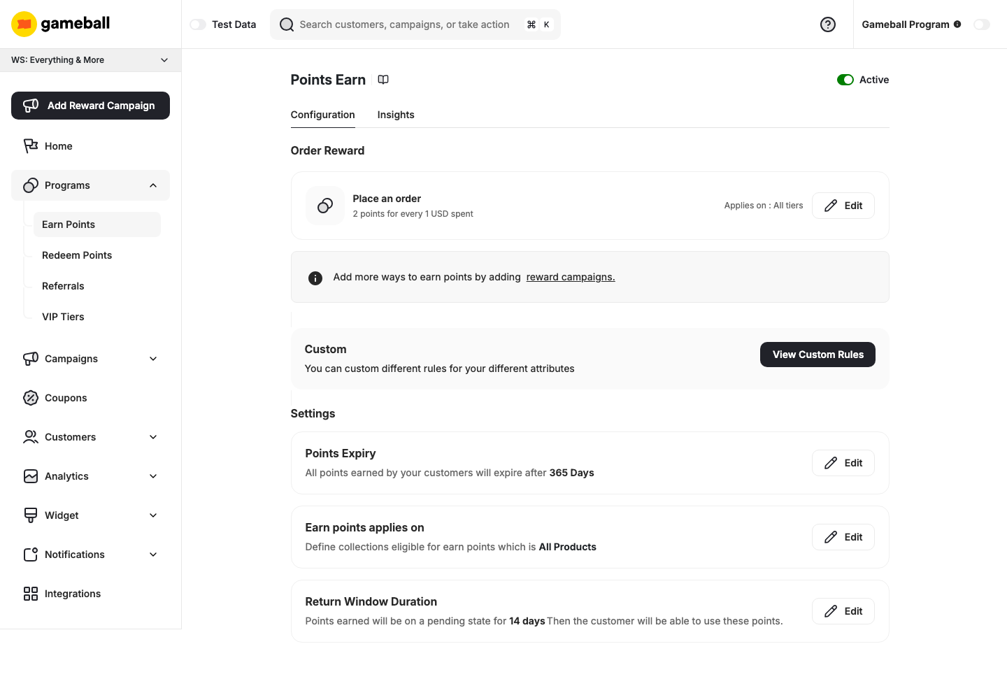 Points Earn configuration page