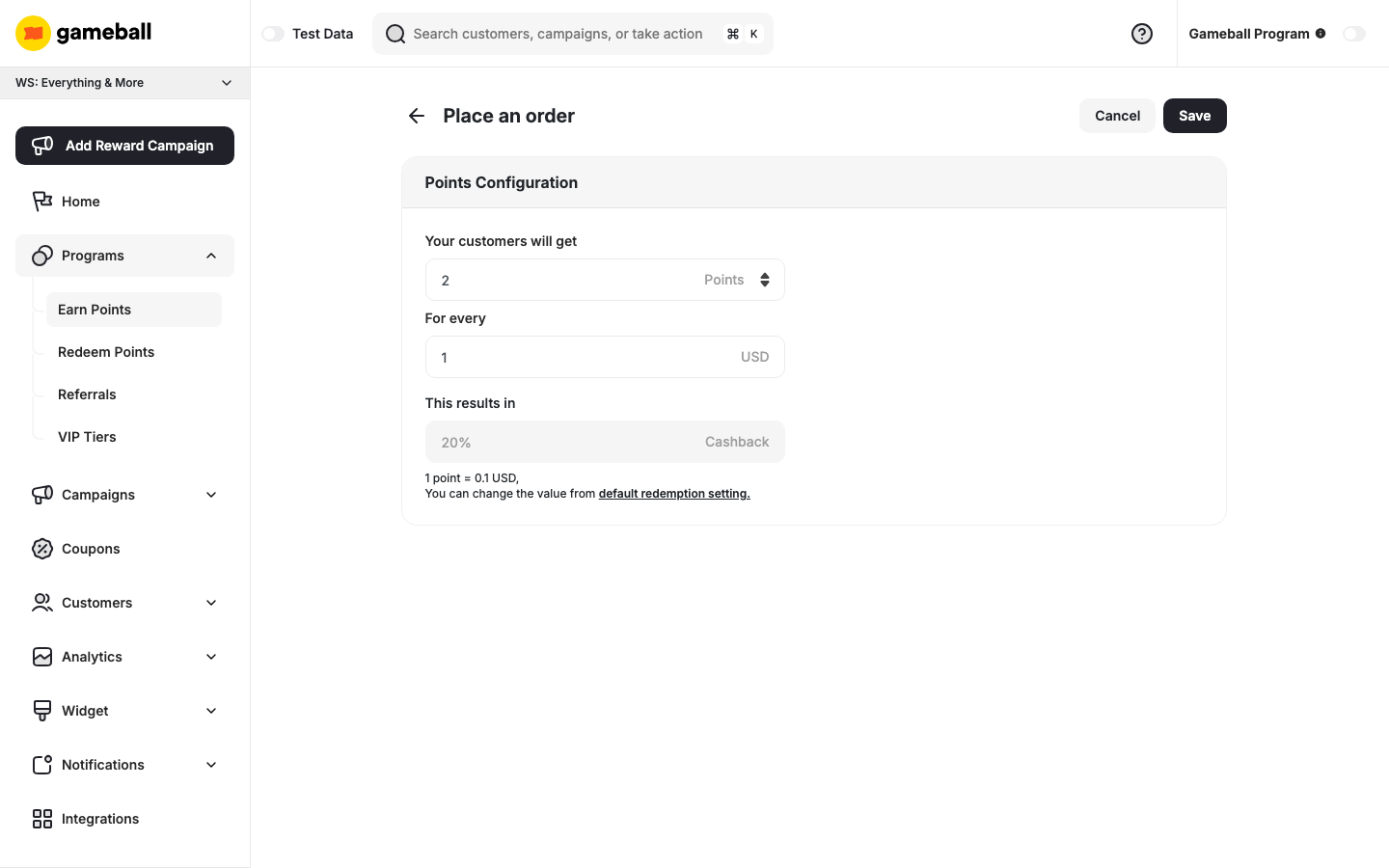 Place an order earn rule configuration