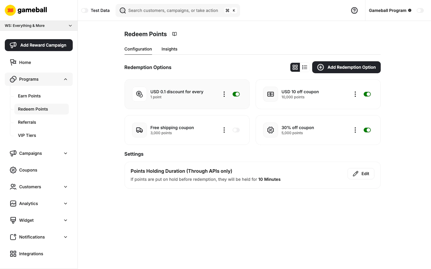 Redeem Points configuration page