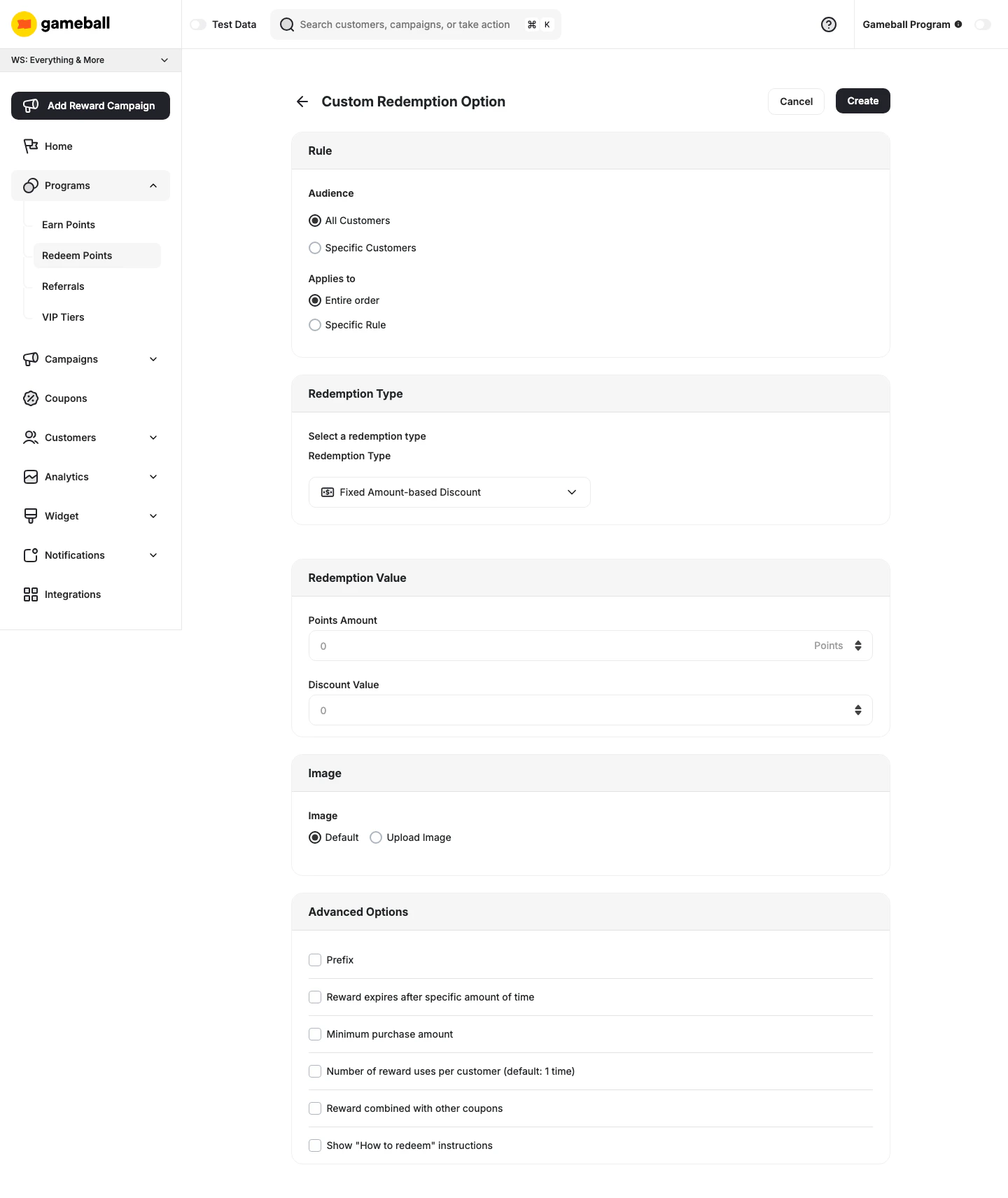 Custom Redemption Option create page