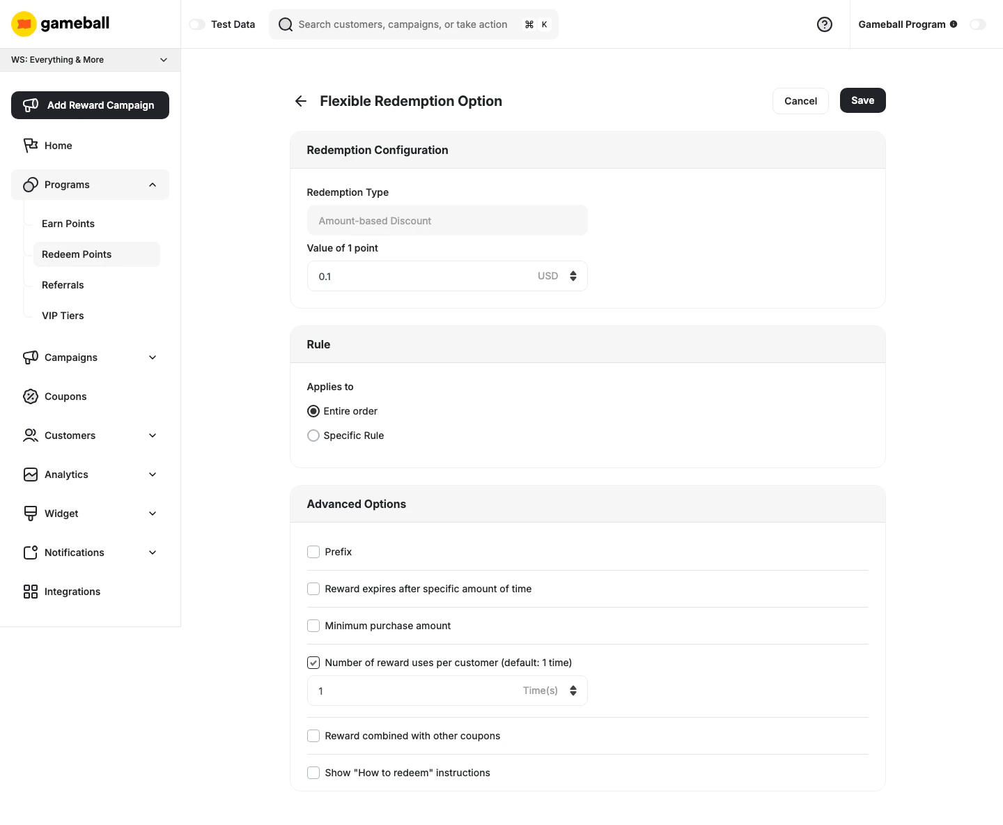 Flexible Redemption Option edit page