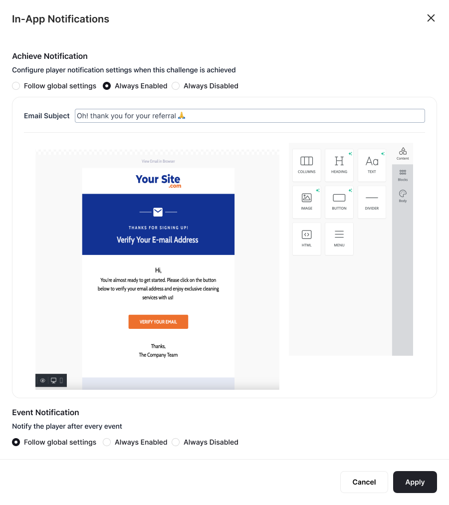 Email notification setup