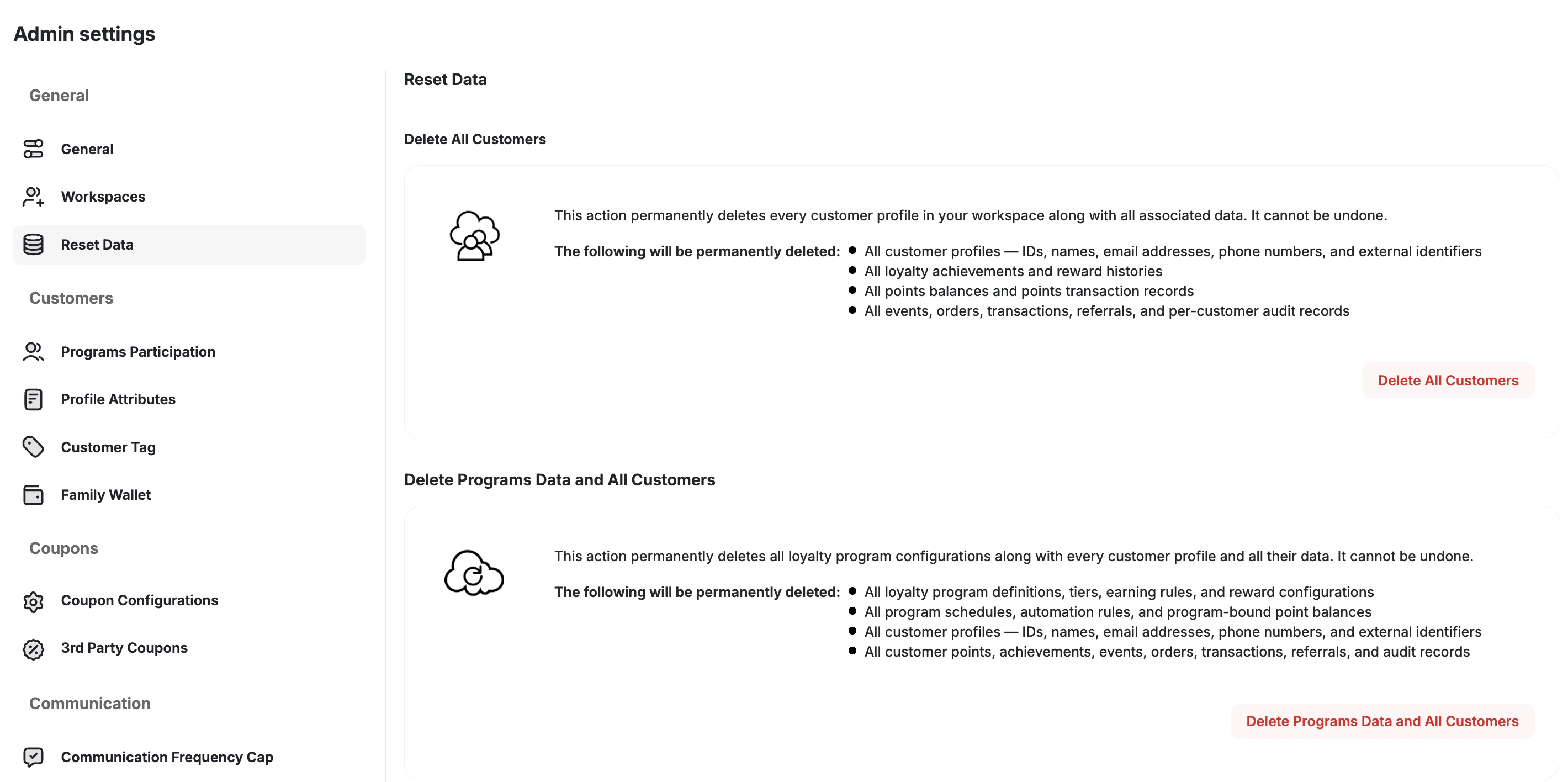 Delete customer data settings page