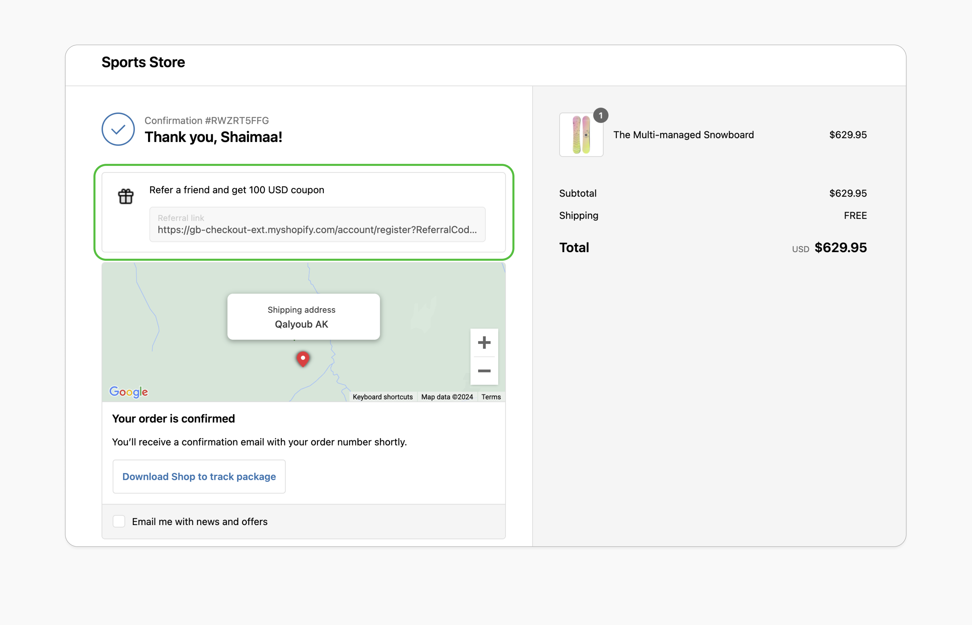 Display customer referral link after checkout