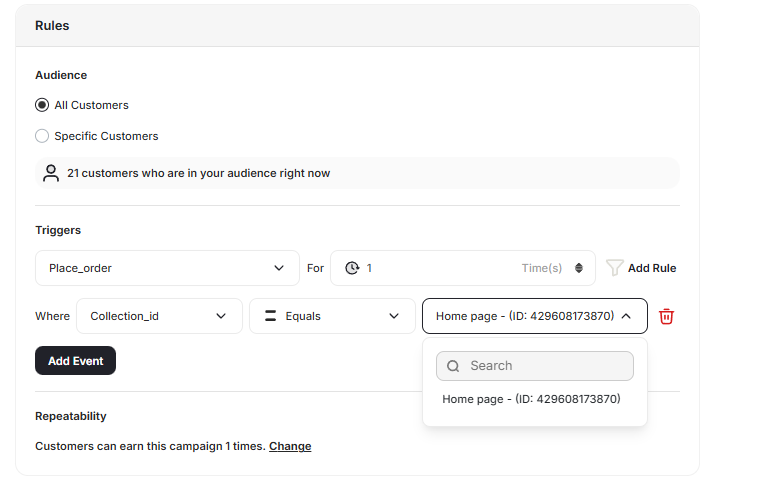 Collections in event rule dropdown