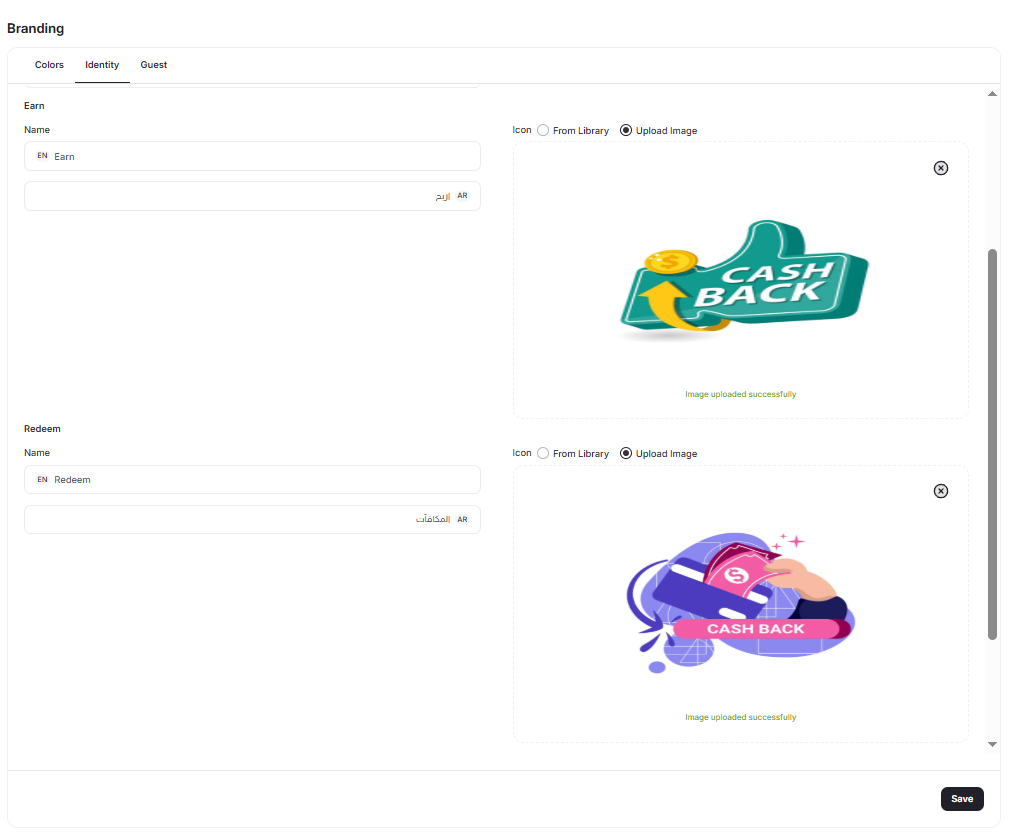 Custom earn and redeem icons