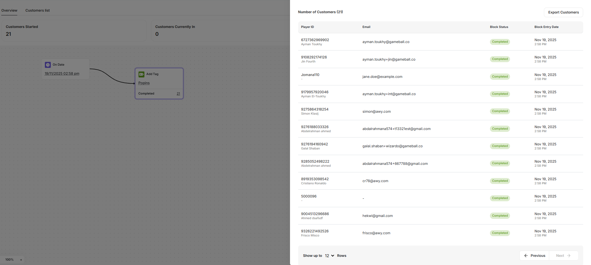 Export customers from automation nodes
