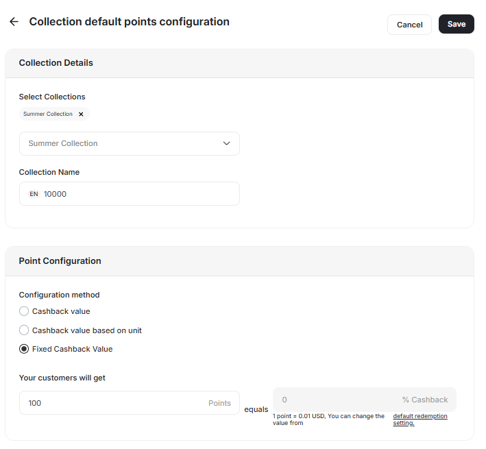 Fixed points cashback per collection