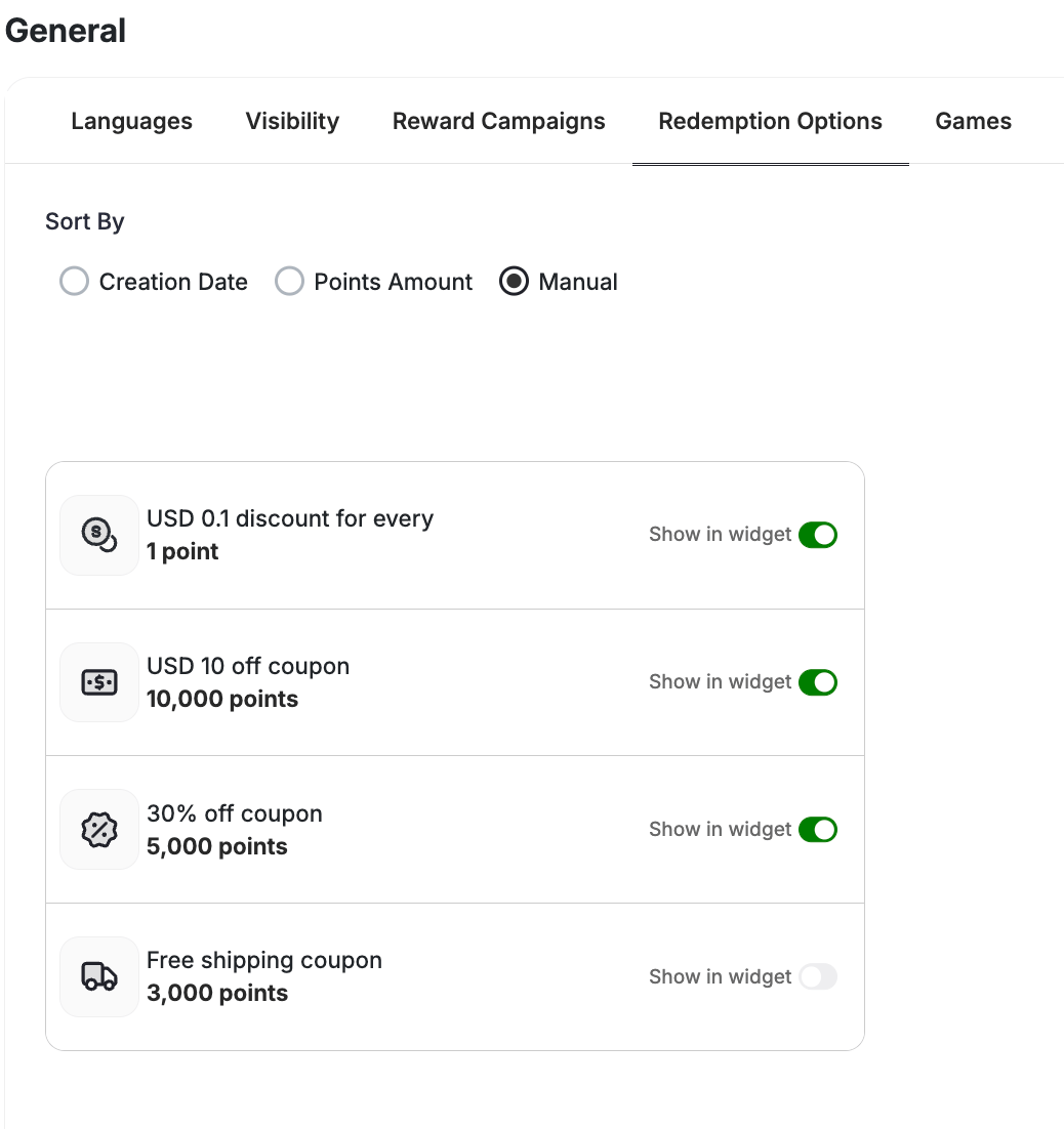 Show in widget toggle for individual redemption options