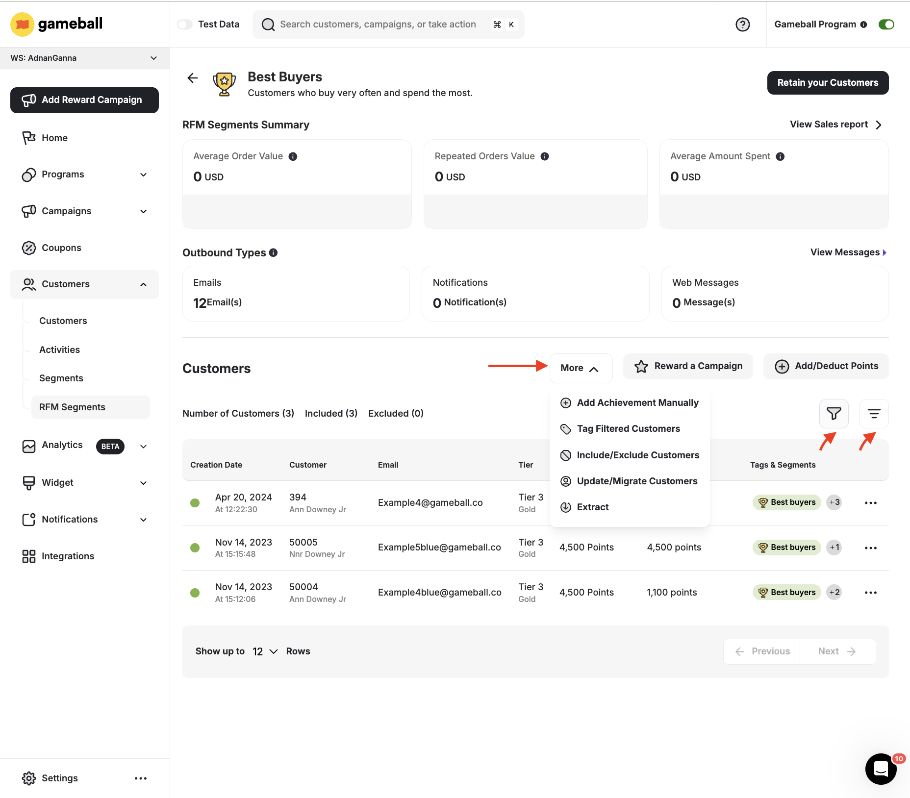 RFM segment available actions