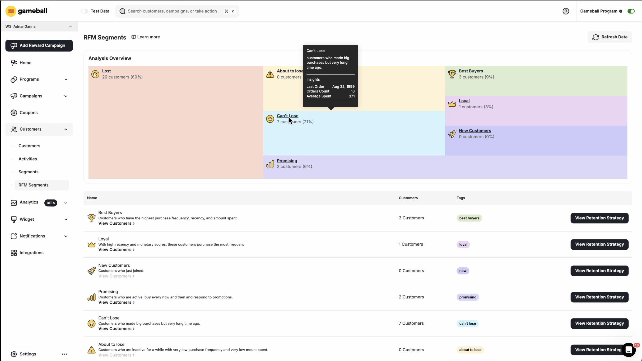 RFM segment details on hover