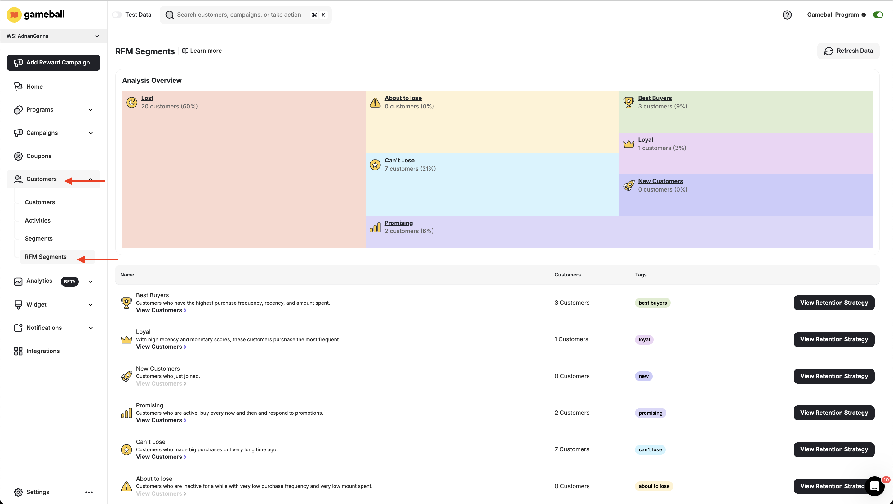 RFM segments navigation