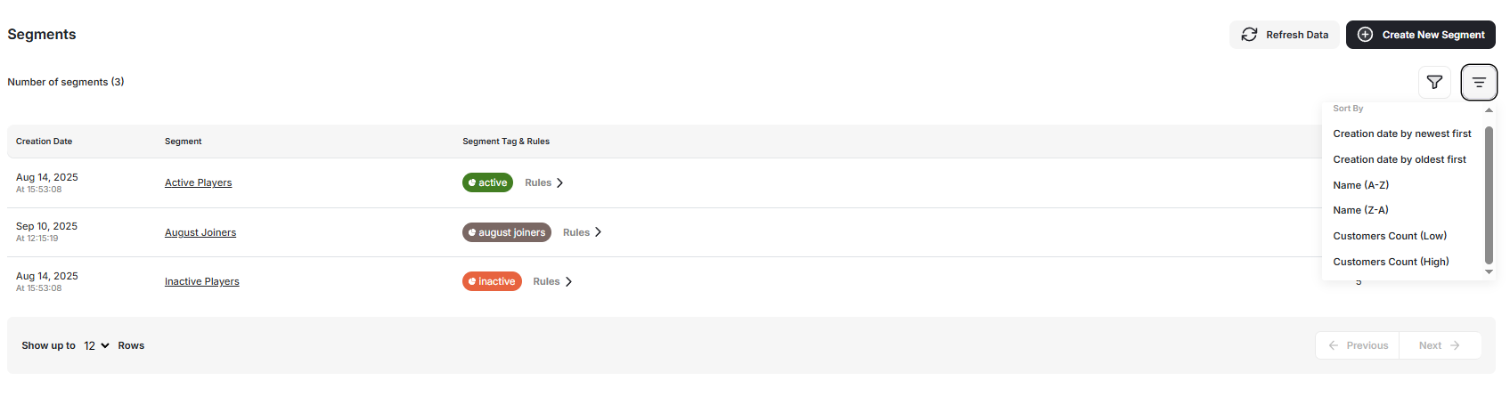 Segment table sorting