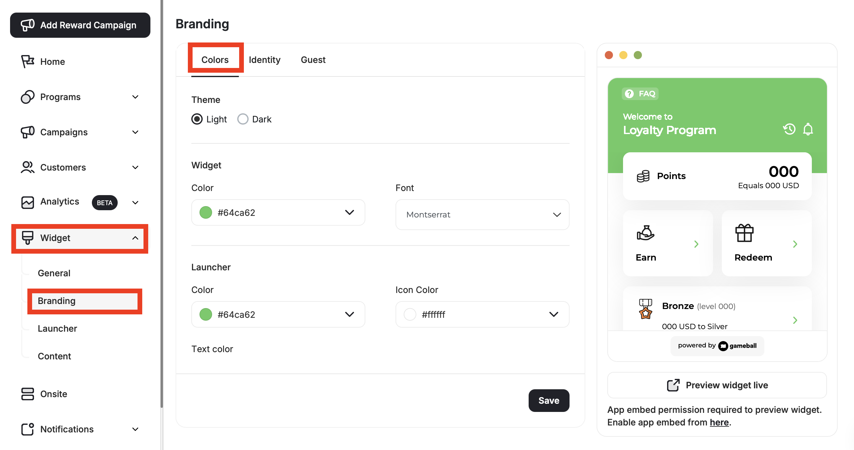 Branding colors section in widget settings