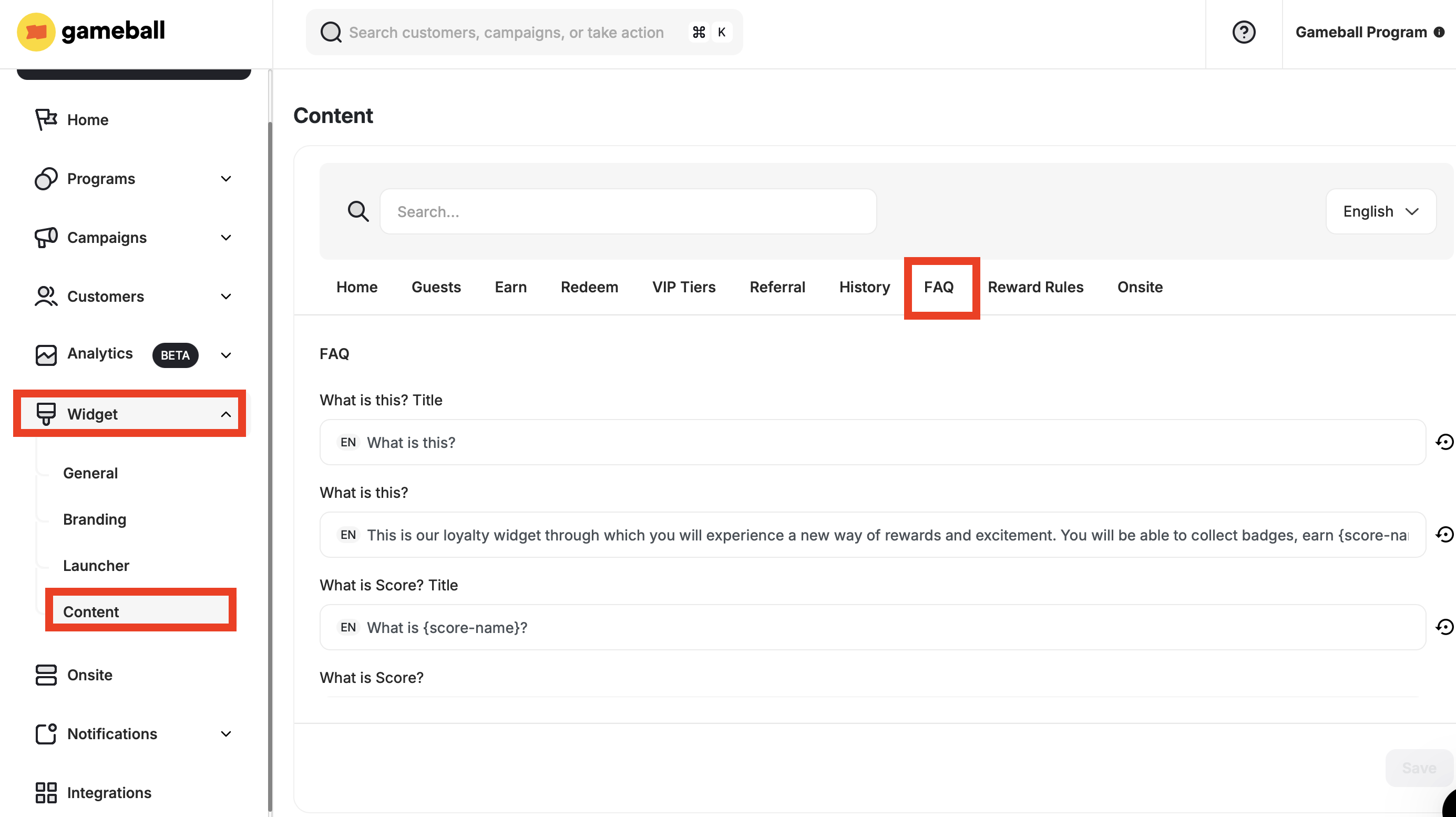 Content FAQ section in dashboard