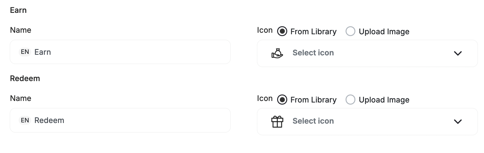 Earn and redeem icon options