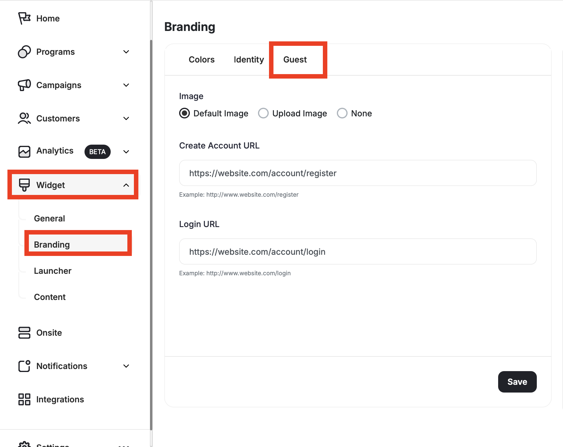 Guest branding configuration section