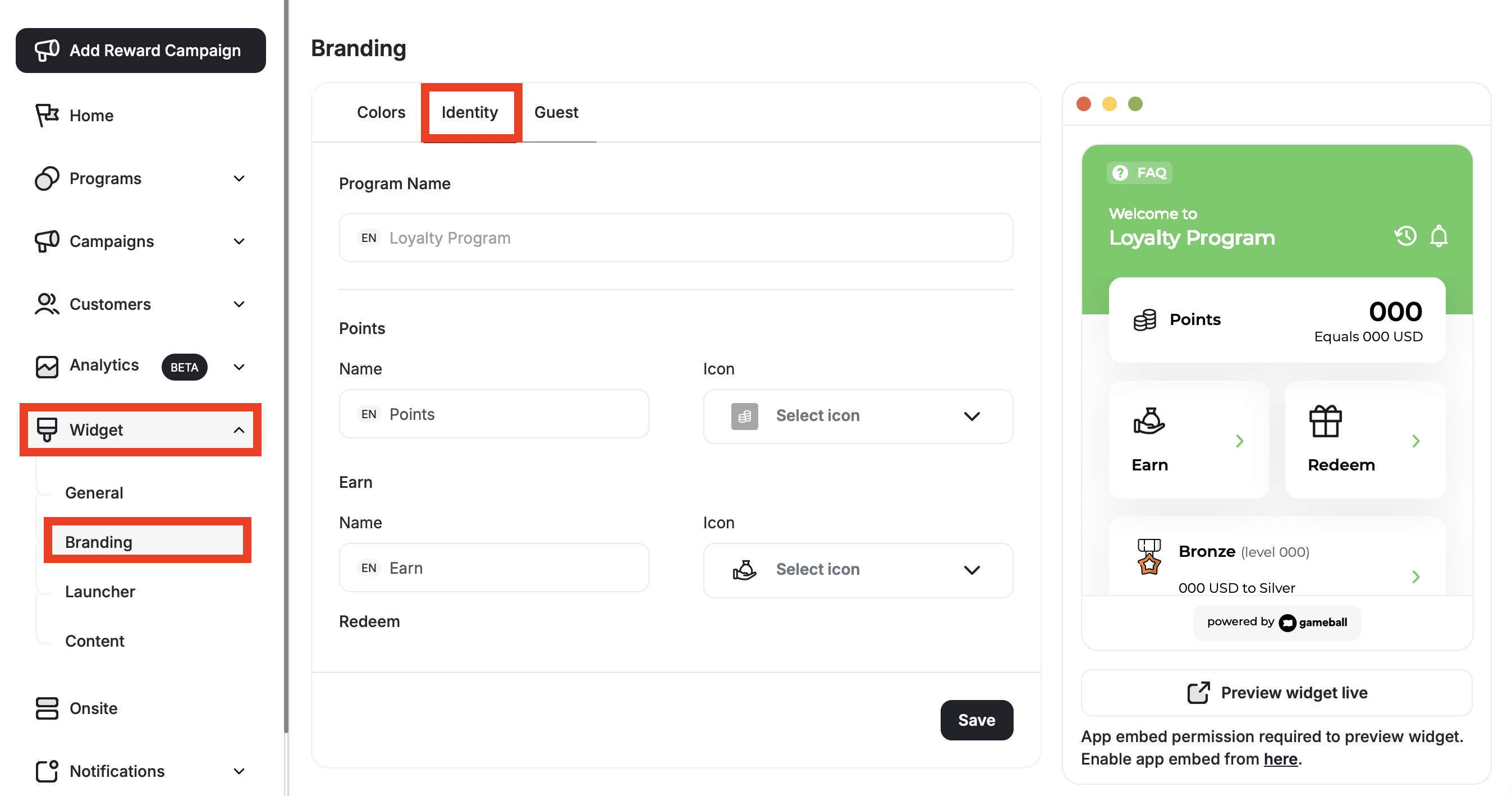 Identity tab settings