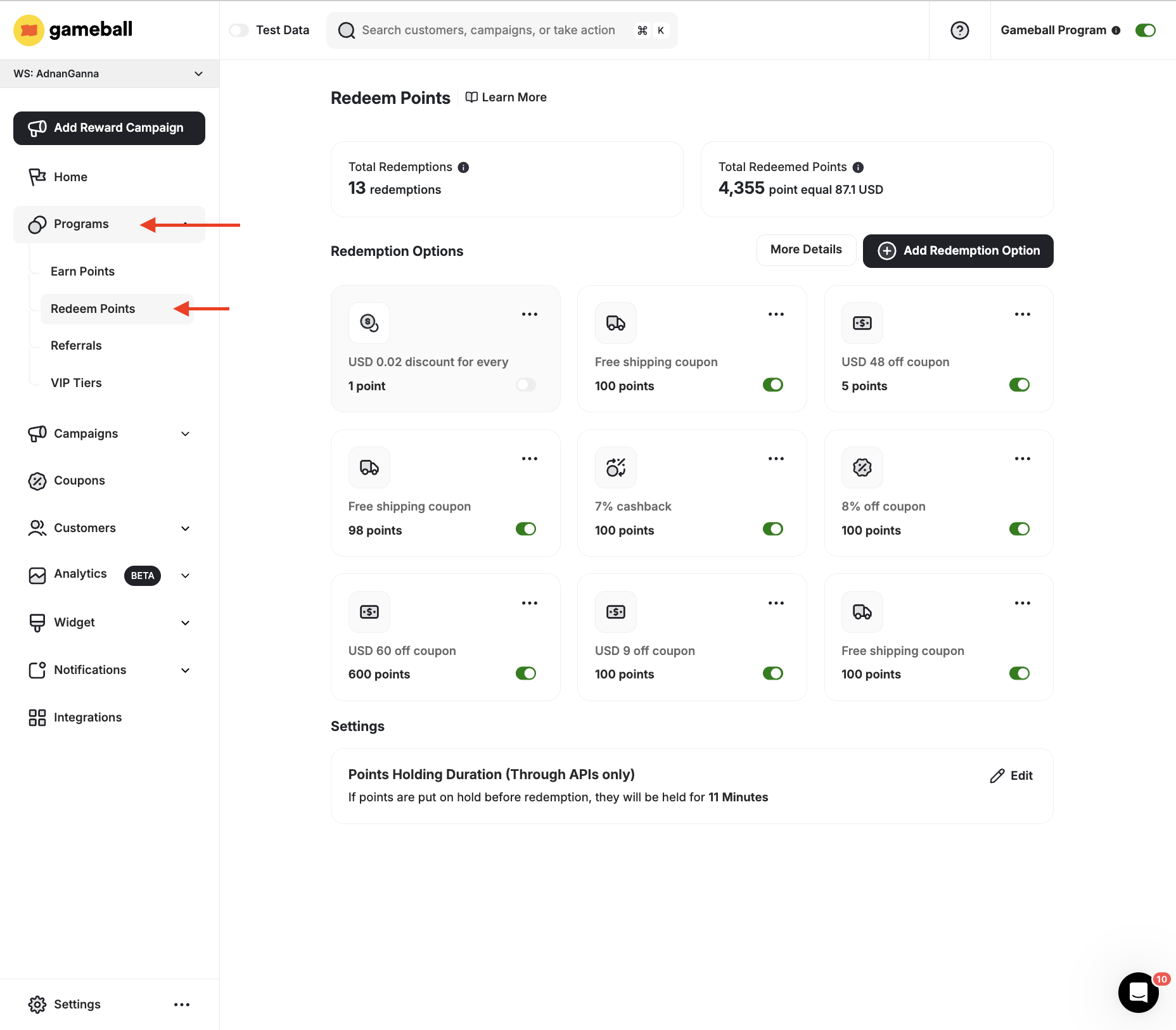 Redeem Points Navigation
