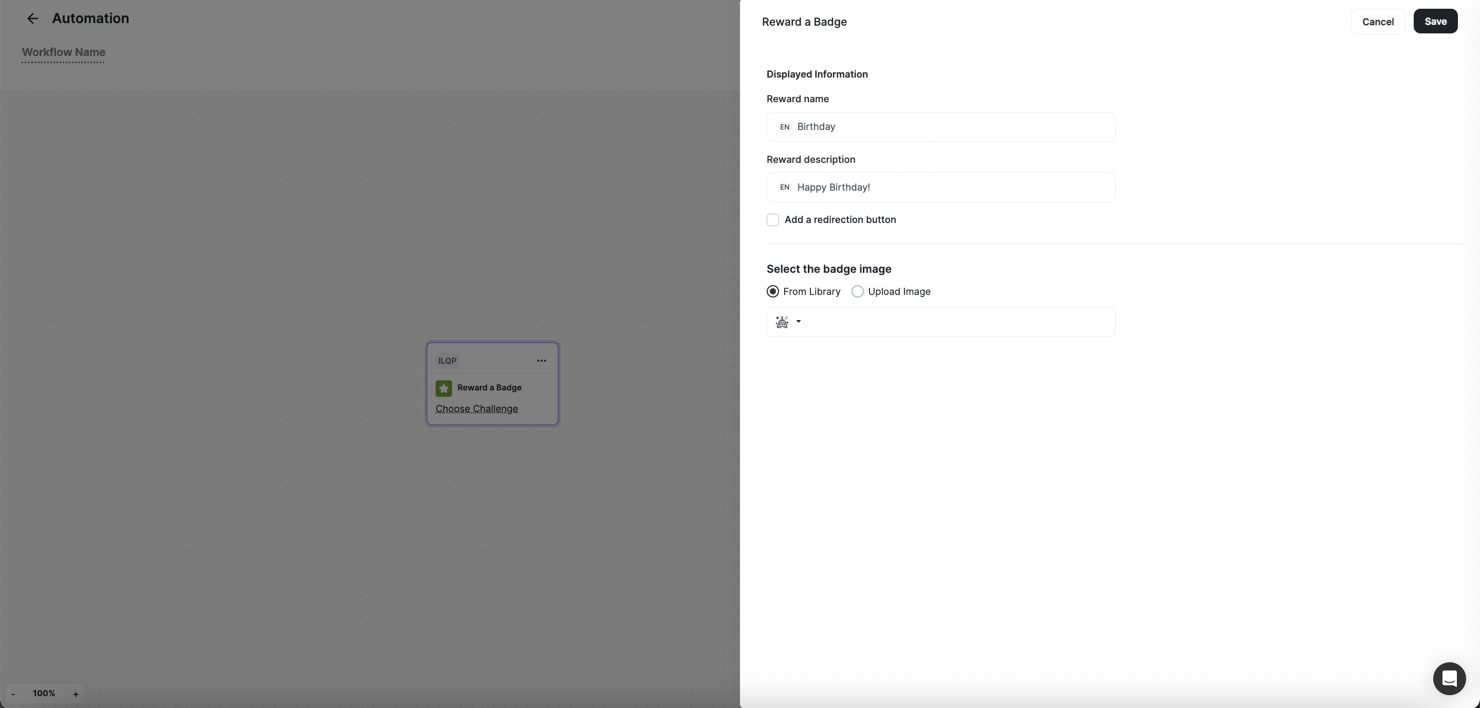Reward a Badge action configuration