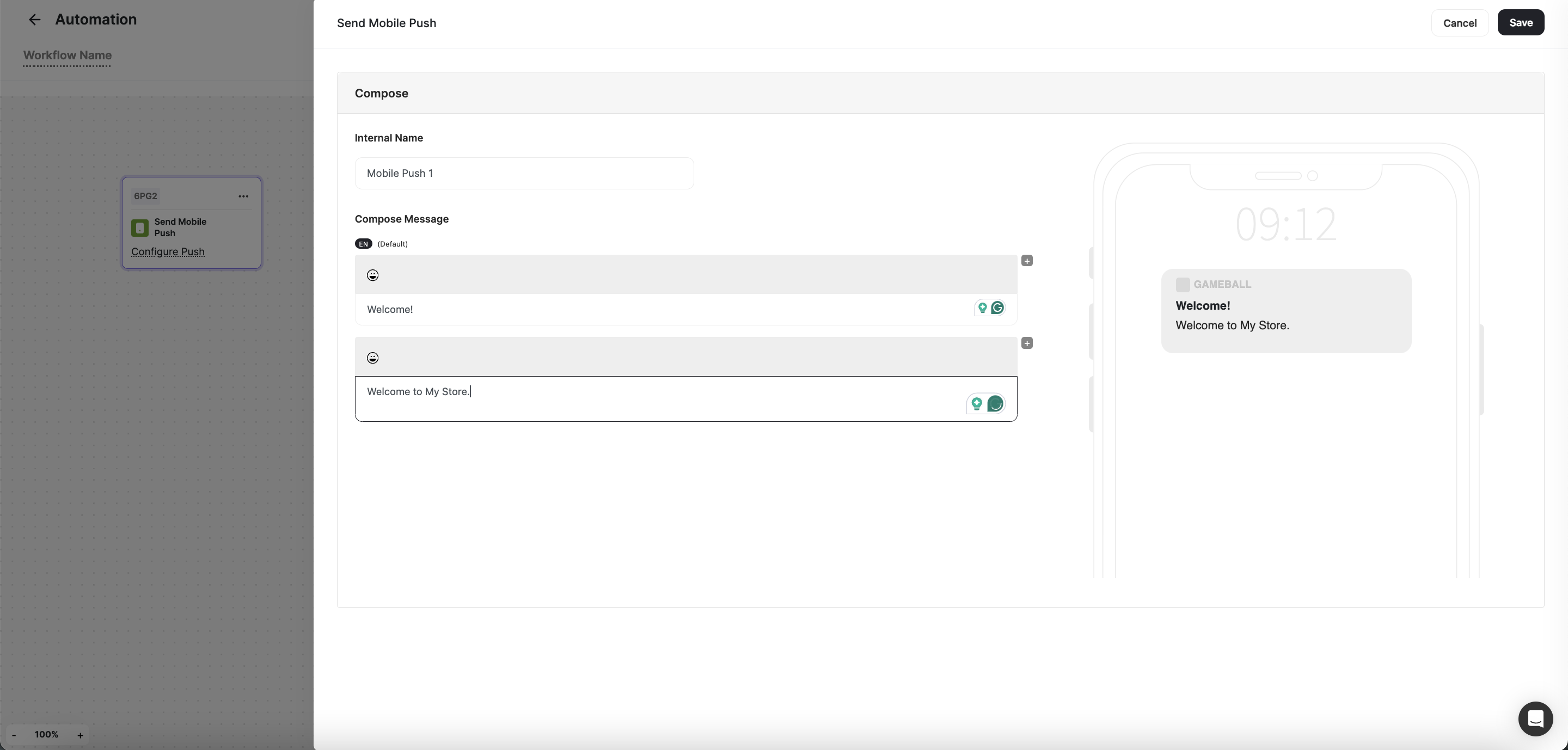 Send Mobile Push action configuration