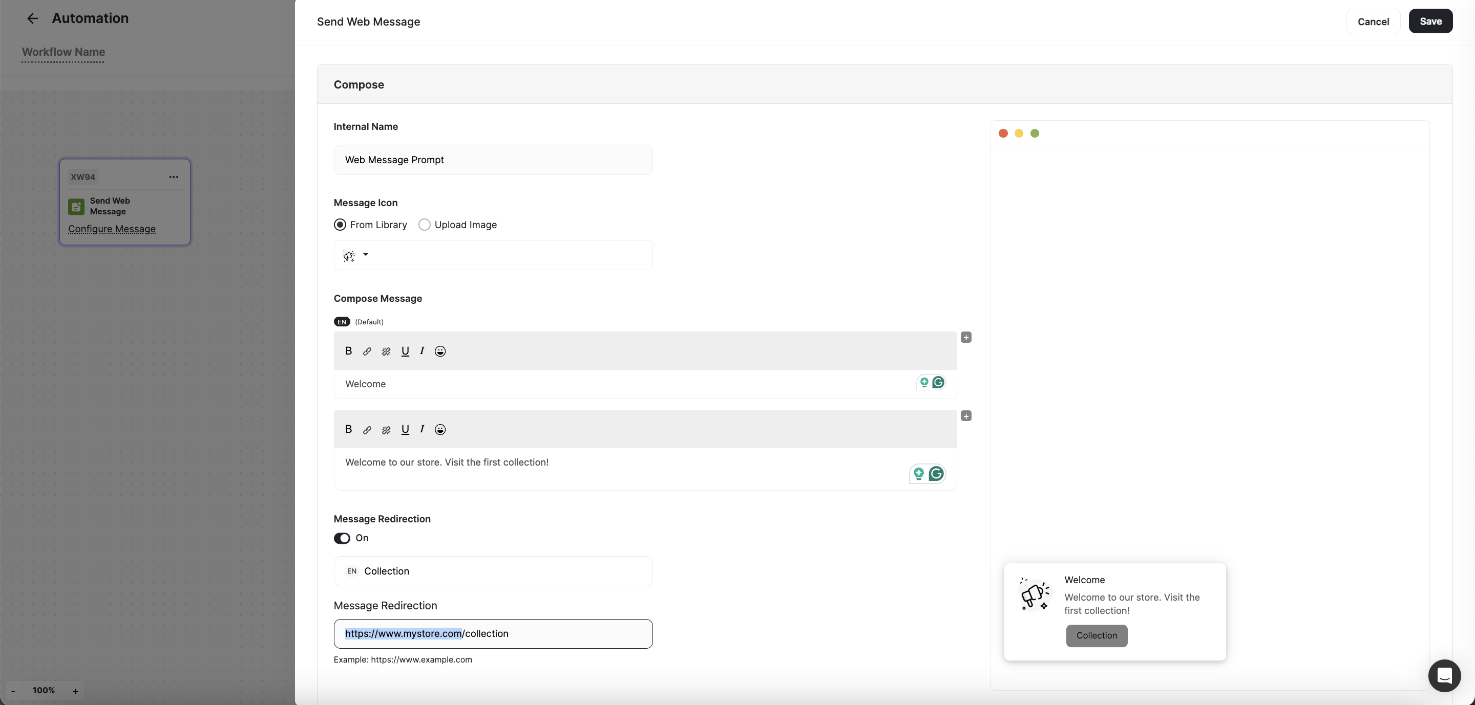 Send Web Message action configuration