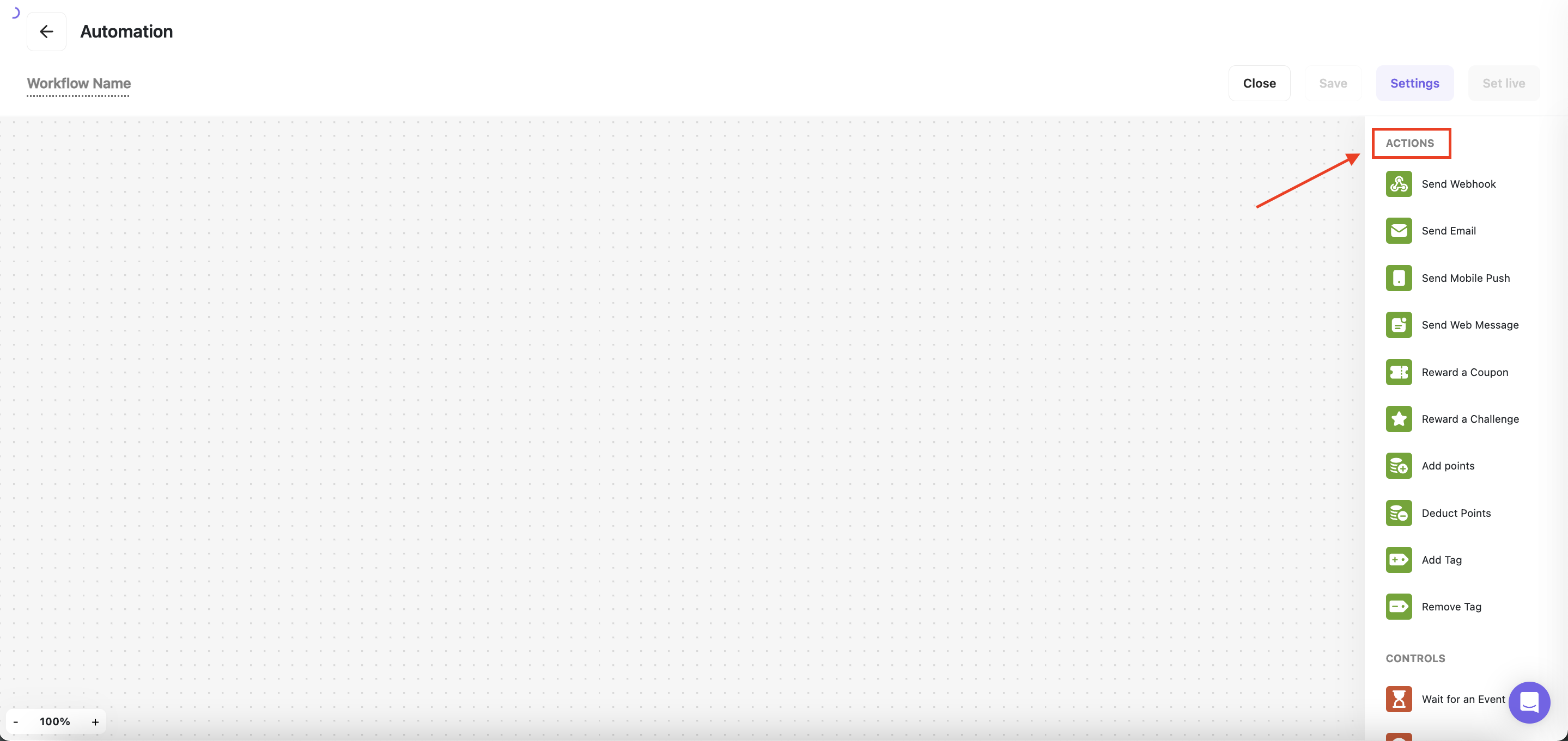 Automation actions panel